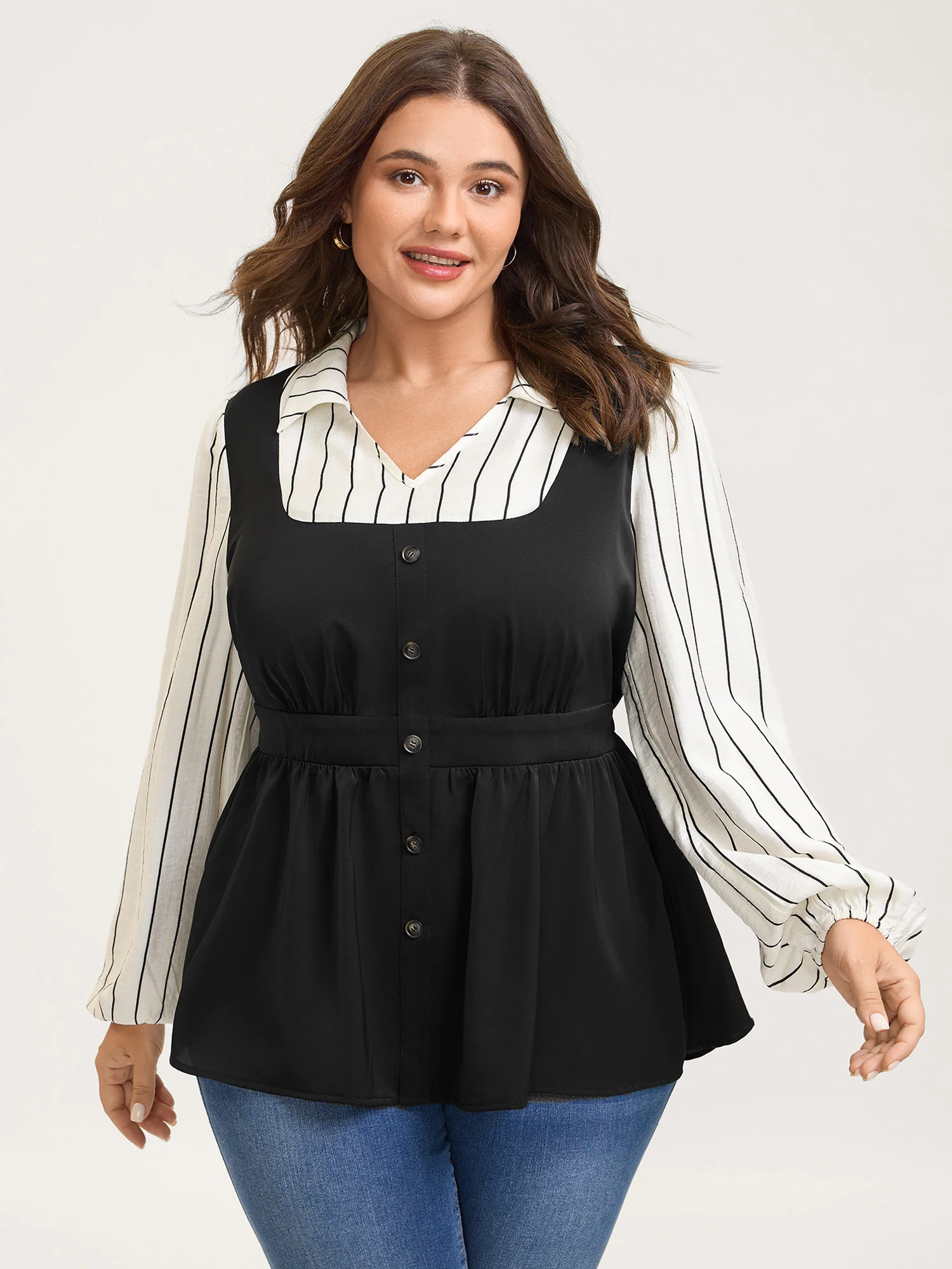2-in-1 Button Vest Striped Blouse - Image 2