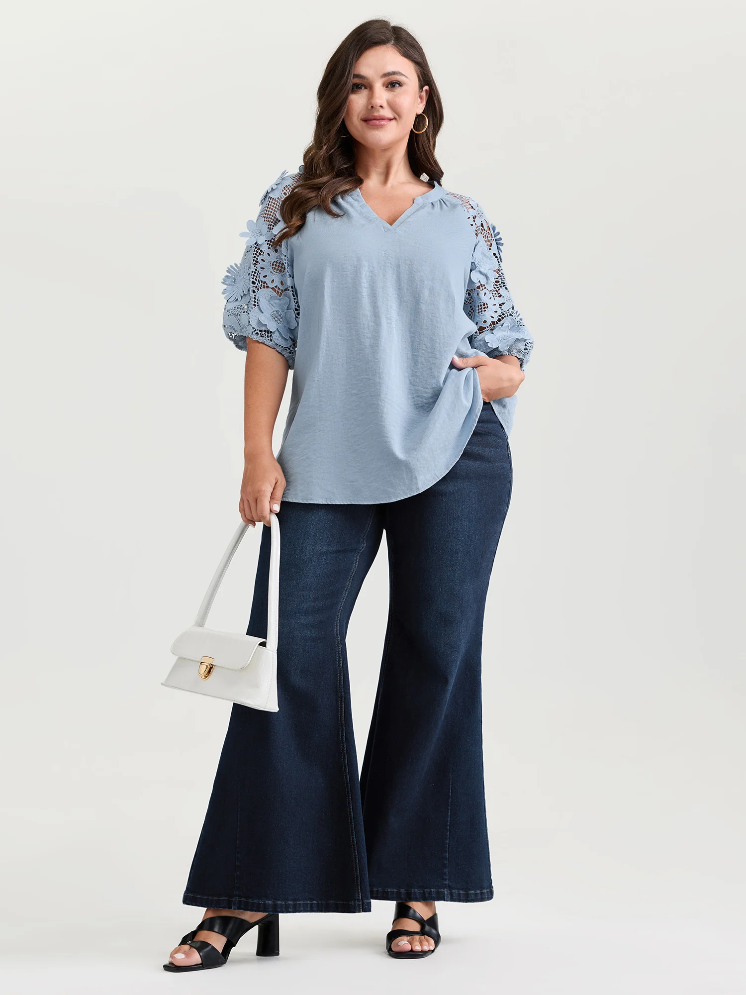 3D Floral Sleeve Spliced Flowy Blouse - Image 3