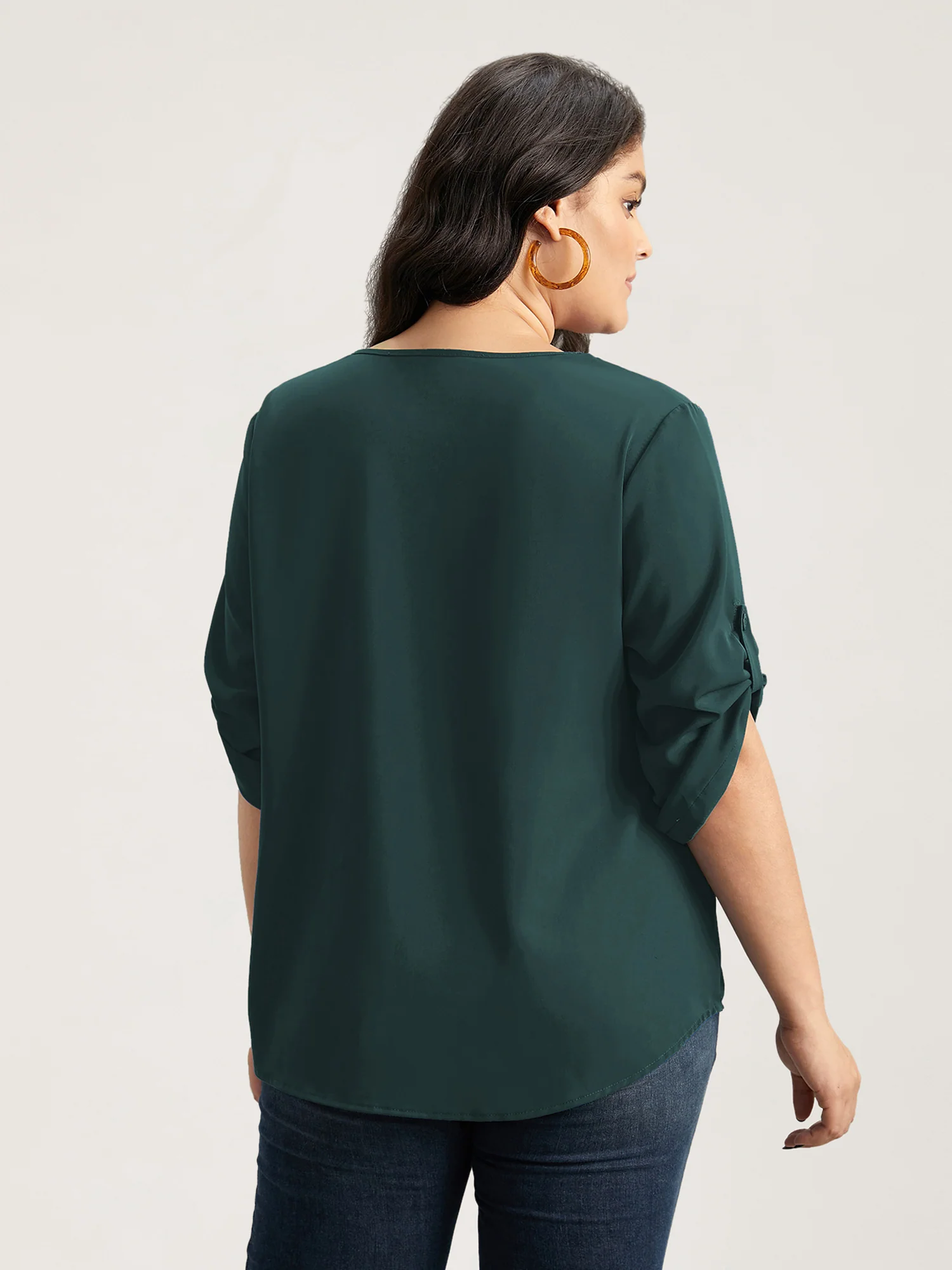 V Neck Plain Pleated Tab Sleeve Blouse - Image 4