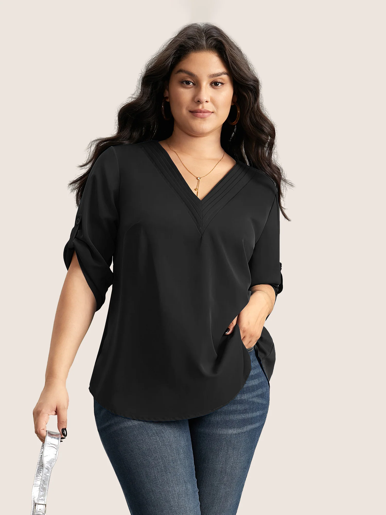 V Neck Plain Pleated Tab Sleeve Blouse - Image 5