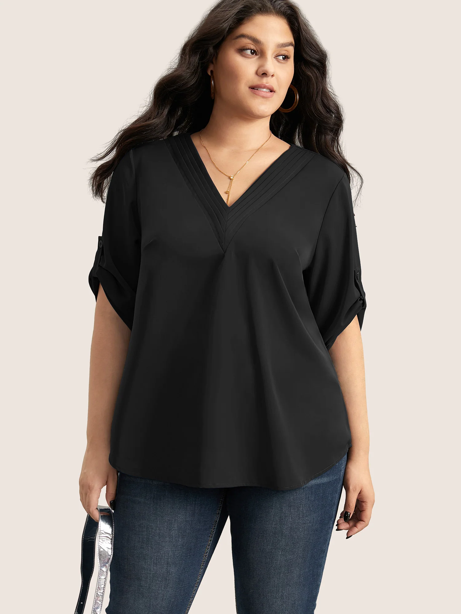 V Neck Plain Pleated Tab Sleeve Blouse - Image 6