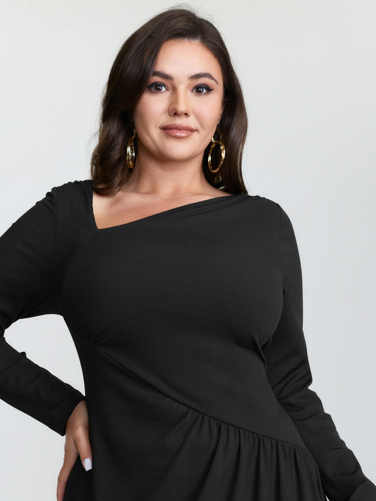 Asymmetrical Neckline Draped Knit Midi Dress - Image 2