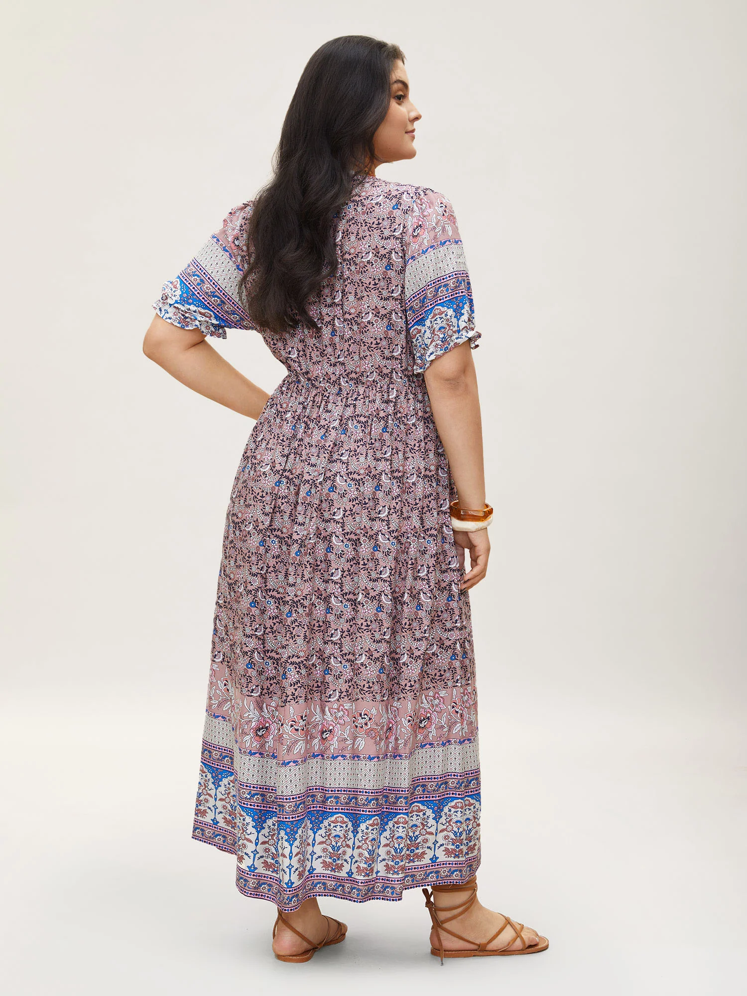 Boho Print Notched Ties Tassel Trim Dress - Image 3