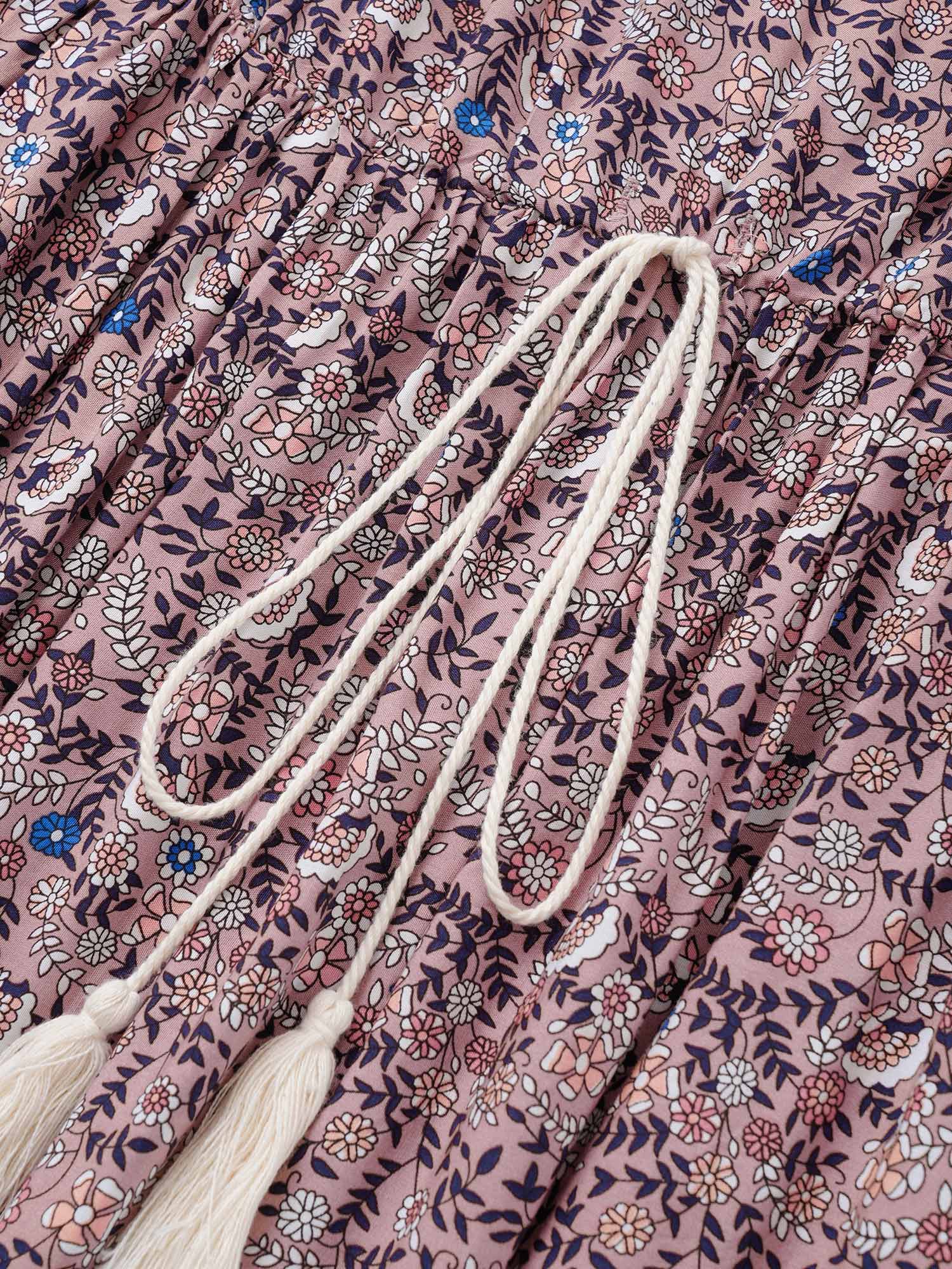 Boho Print Notched Ties Tassel Trim Dress - Image 6