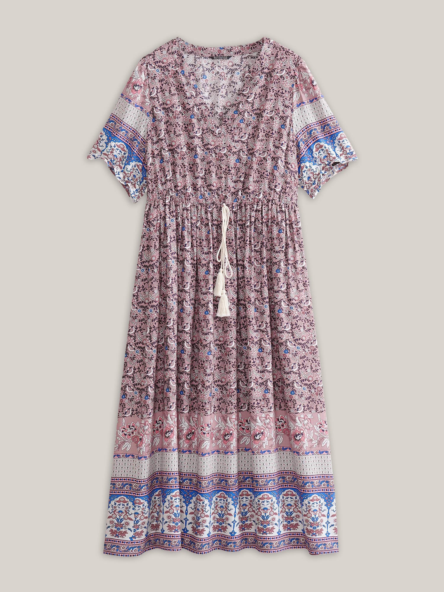 Boho Print Notched Ties Tassel Trim Dress - Image 8