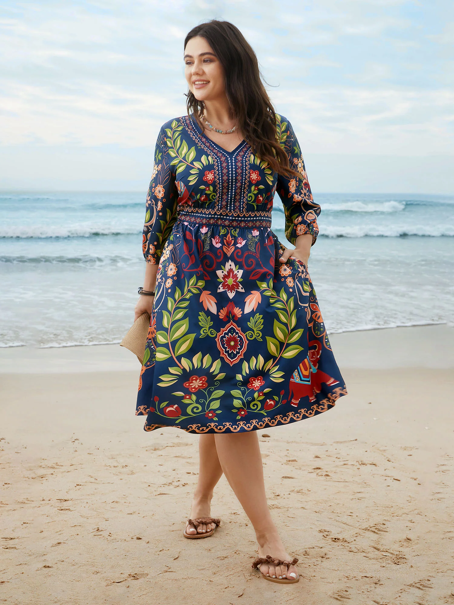 Boho Print V-Neck Pockets Mini Dress - Image 3
