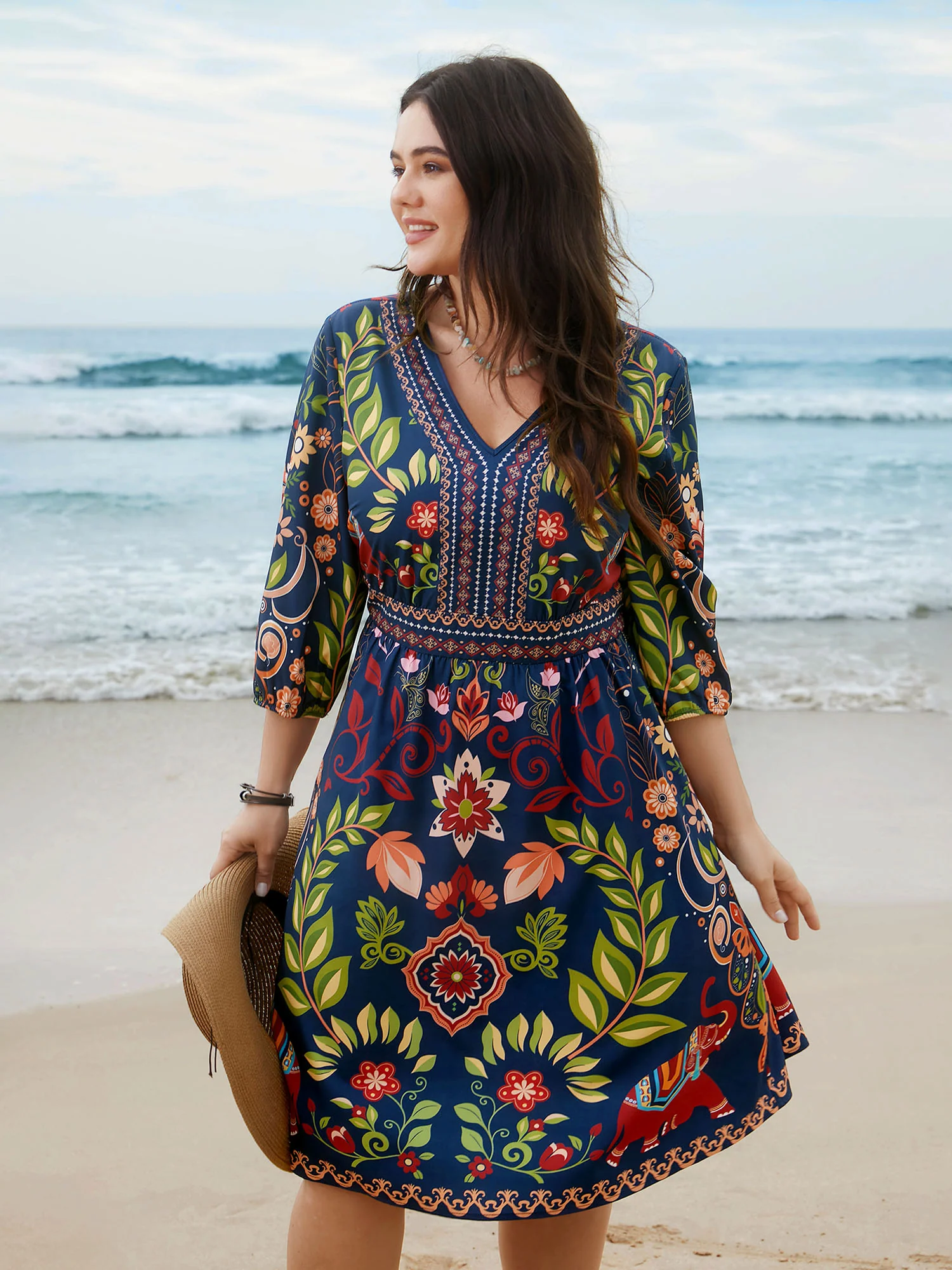Boho Print V-Neck Pockets Mini Dress - Image 4