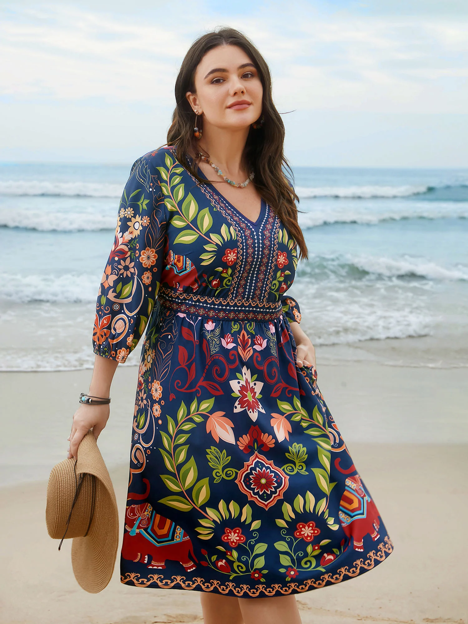 Boho Print V-Neck Pockets Mini Dress - Image 5