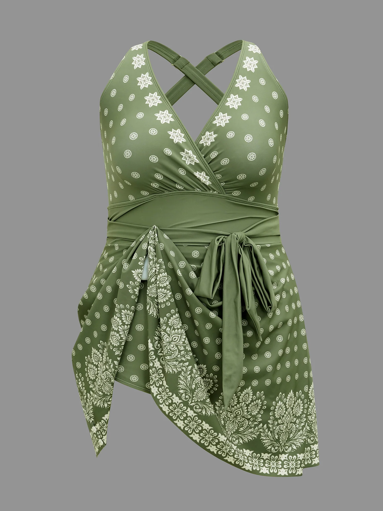 Boho Print Waist-Tie Surplice Neck Swim Dress - Image 6
