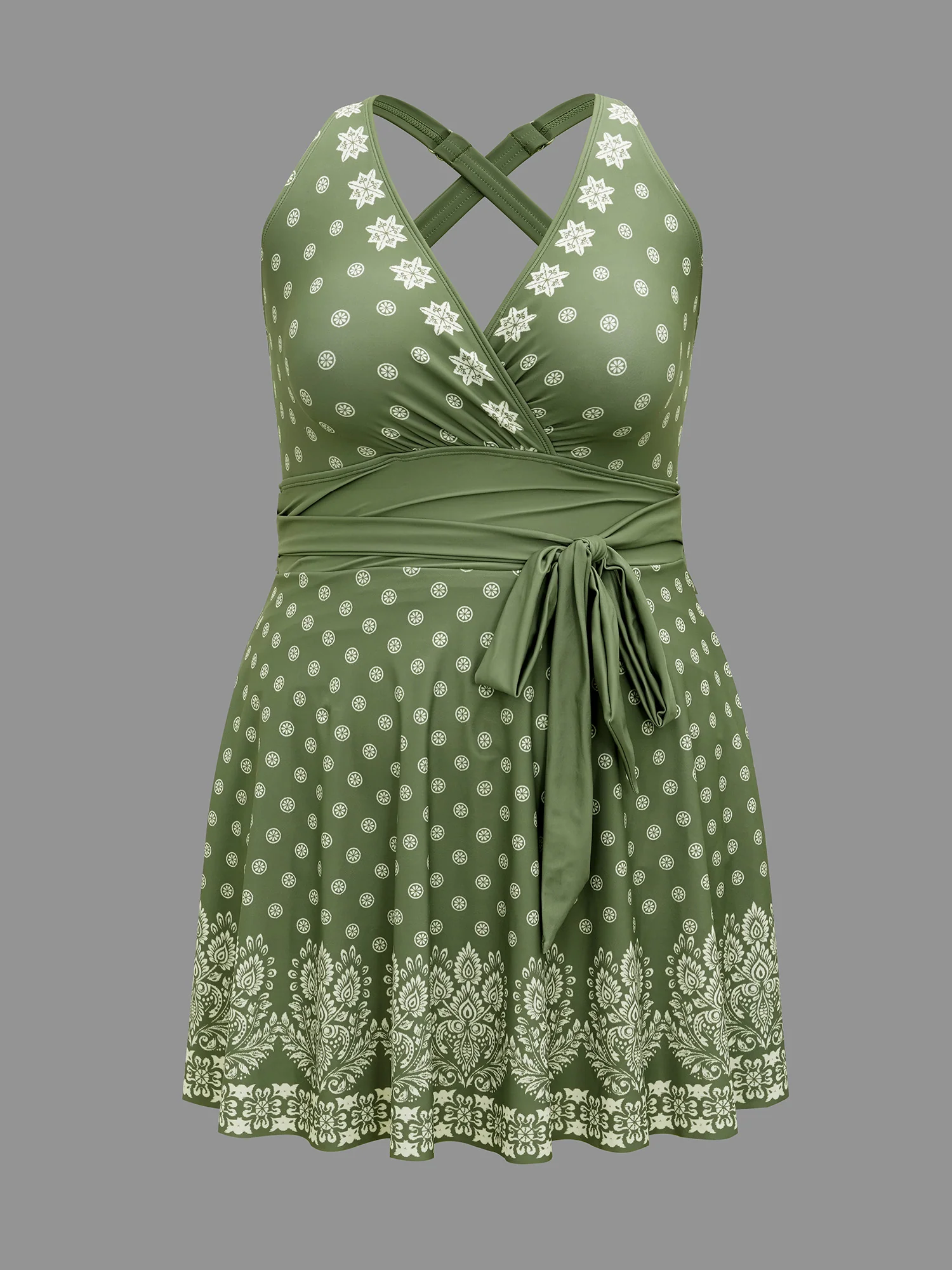 Boho Print Waist-Tie Surplice Neck Swim Dress - Image 9