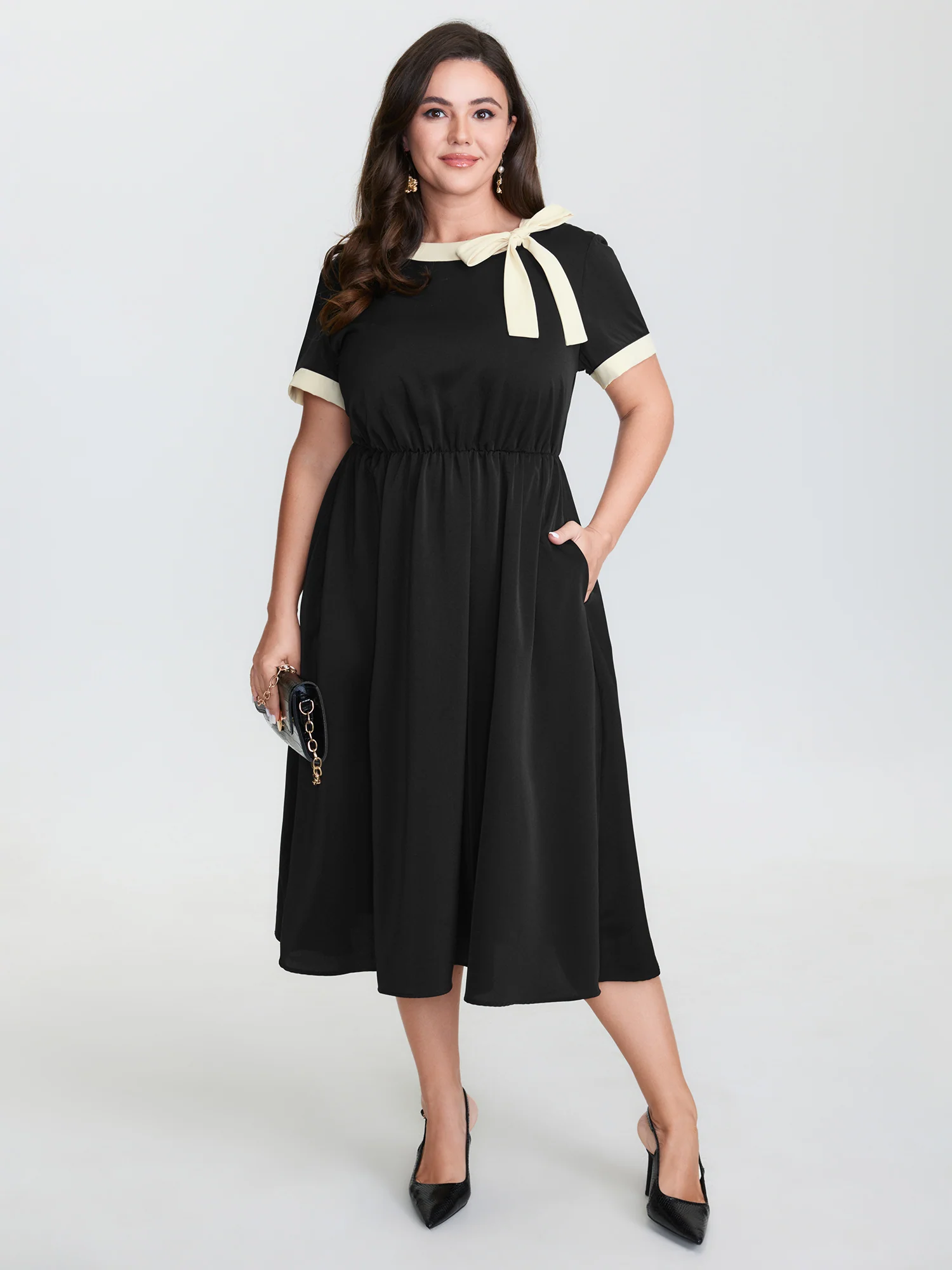 Bow Neckline Stretchy Waist Midi Dress - Image 3