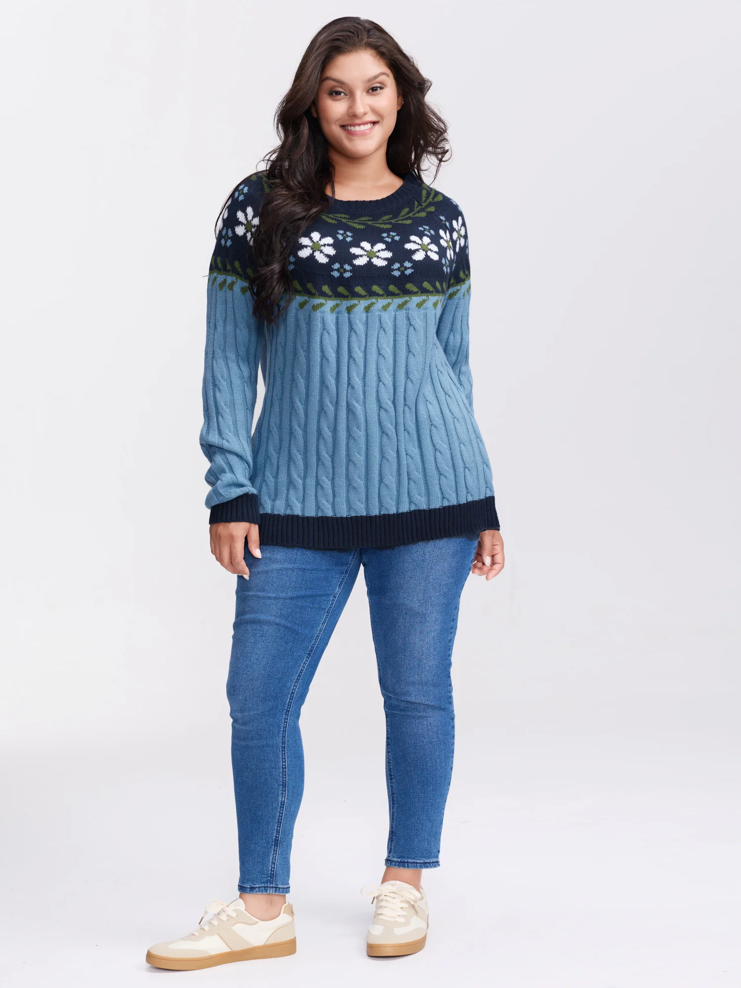 Cable Knit Jacquard Floral Contrast Pullover - Image 3