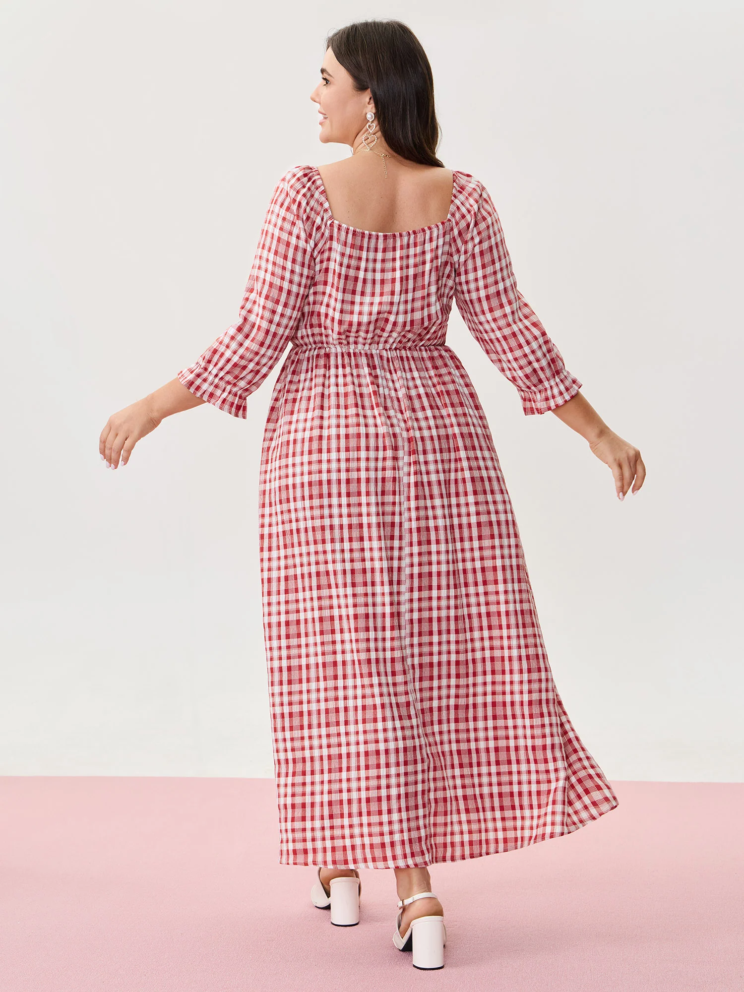 Checkered Print Pockets Button Maxi Dress - Image 5