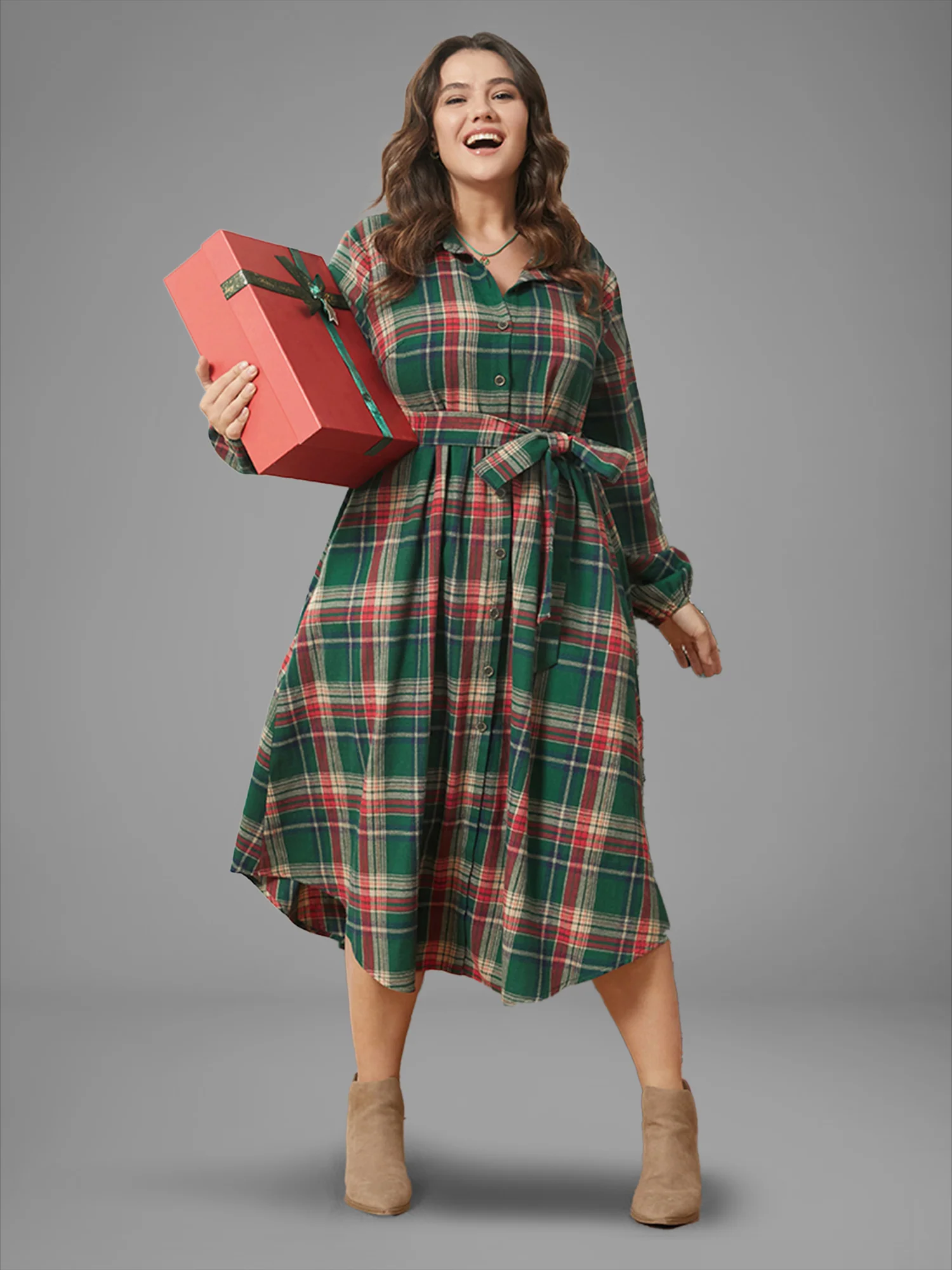 Plaid Button Detail Pocket Belted Arc Hem Dress - Image 10