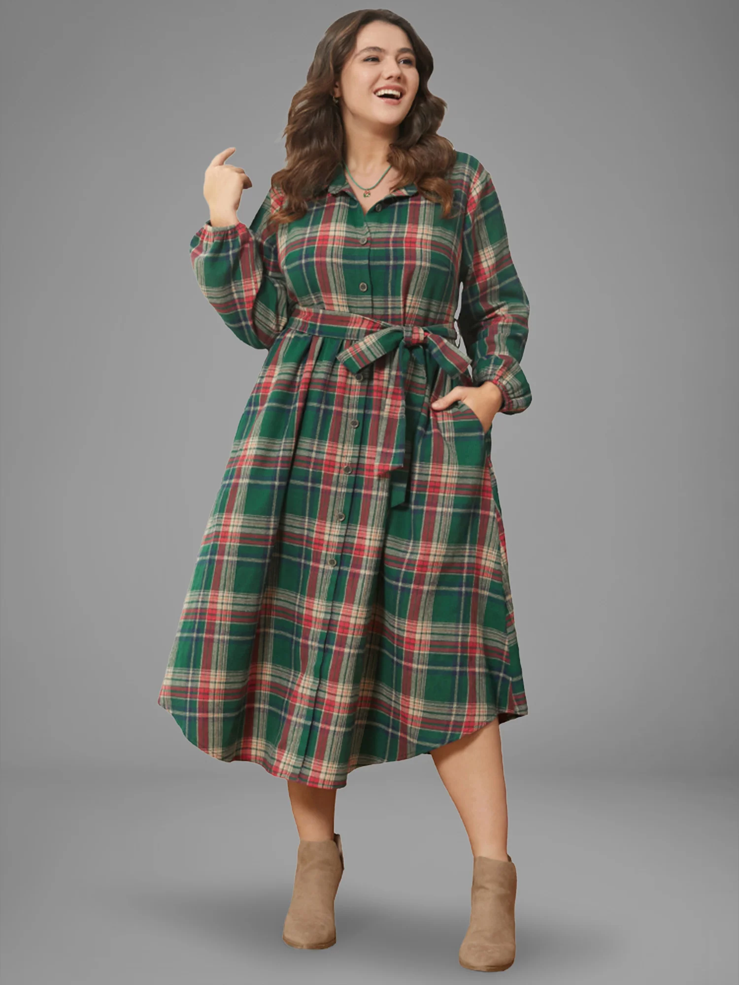 Plaid Button Detail Pocket Belted Arc Hem Dress - Image 11