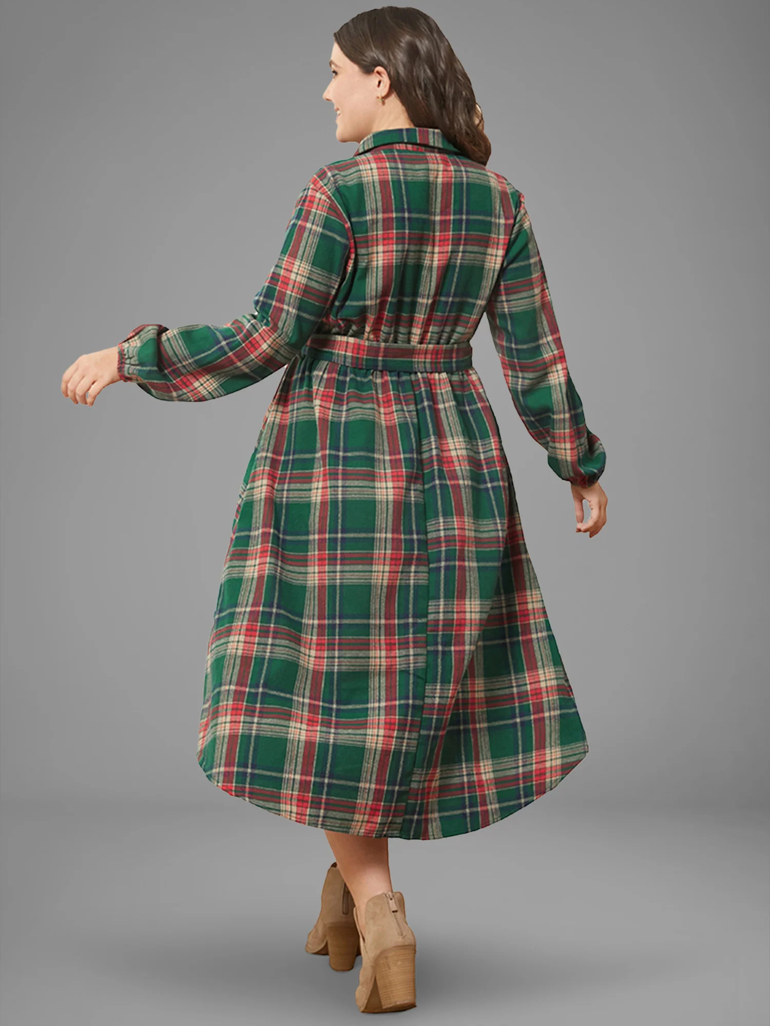 Plaid Button Detail Pocket Belted Arc Hem Dress - Image 12