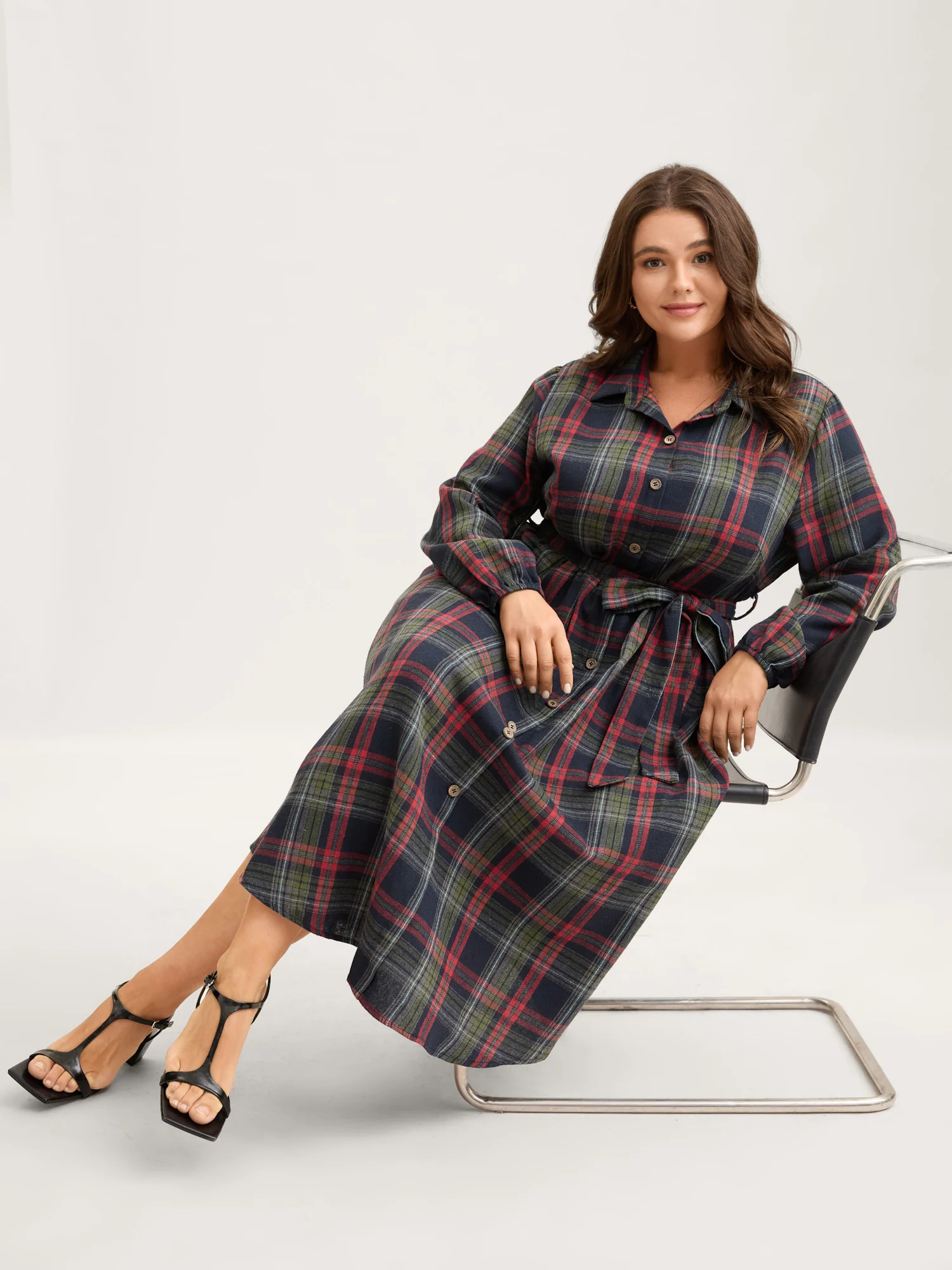 Plaid Button Detail Pocket Belted Arc Hem Dress - Image 3