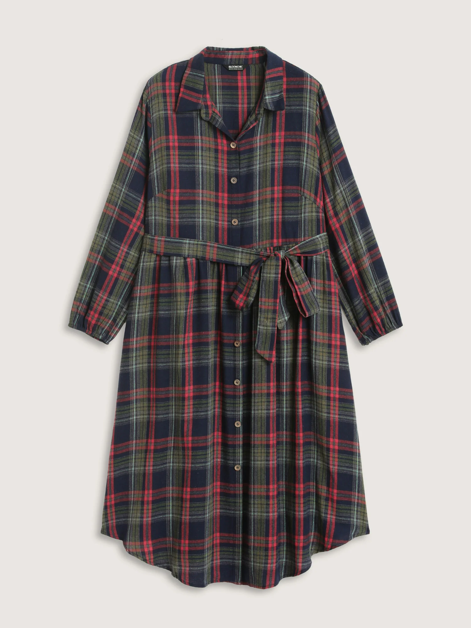 Plaid Button Detail Pocket Belted Arc Hem Dress - Image 5
