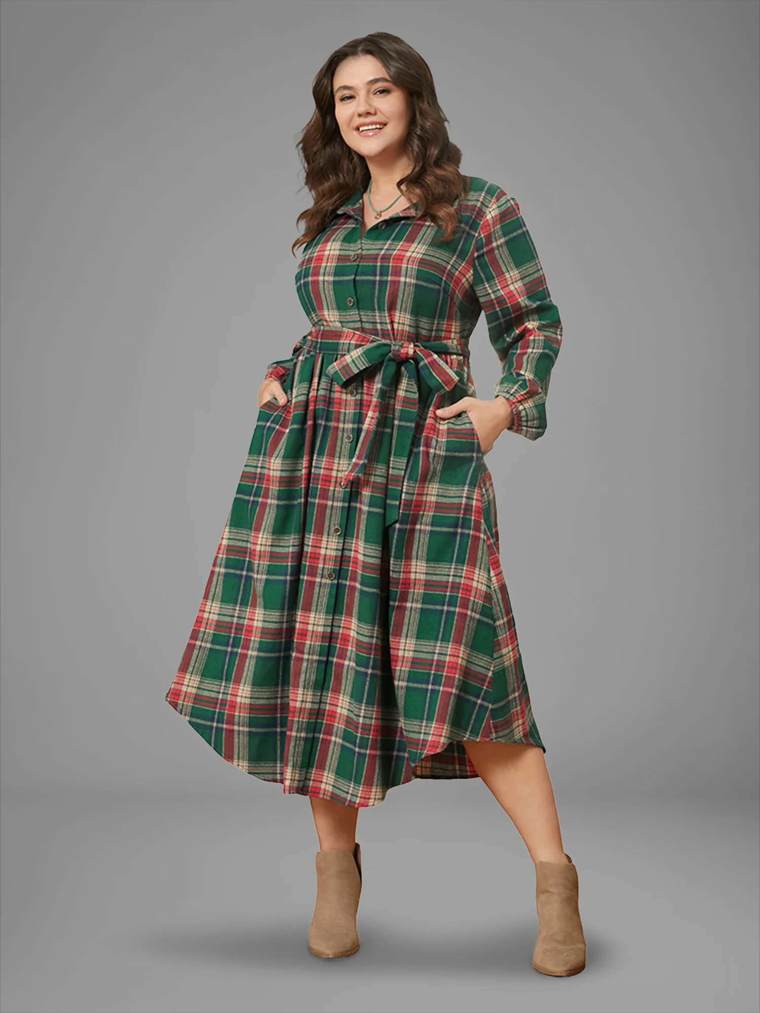 Plaid Button Detail Pocket Belted Arc Hem Dress - Image 8