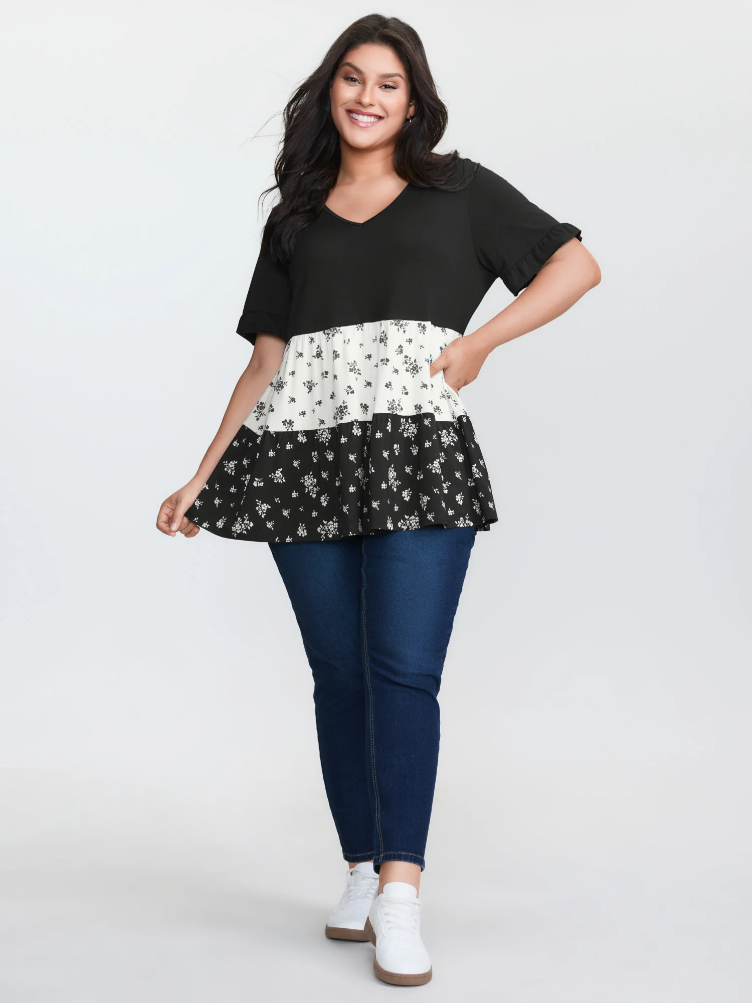 Color Contrast Floral Print Tiered Top - Image 3
