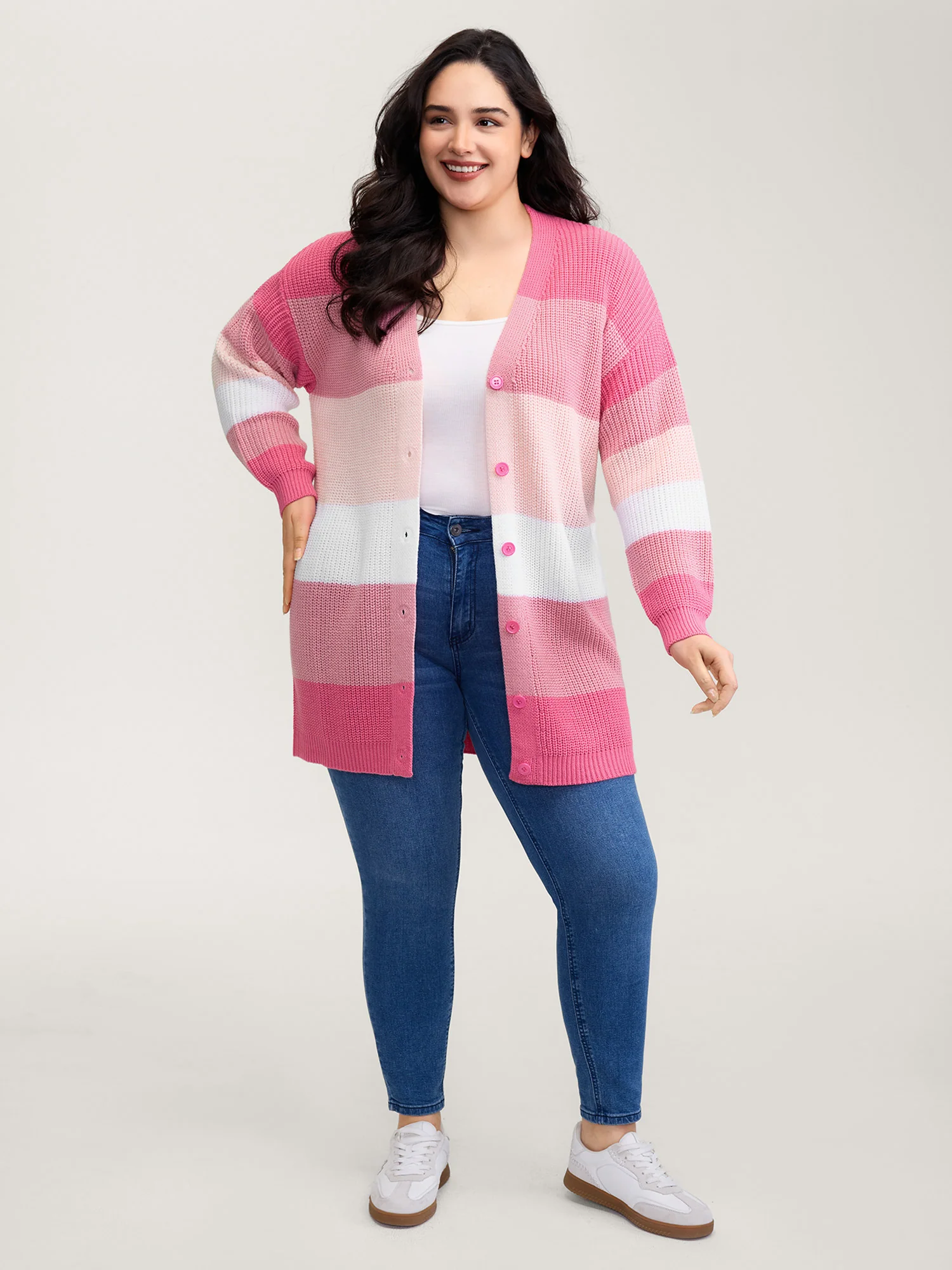 Colorblock Contrast Texture Button Cardigan - Image 8