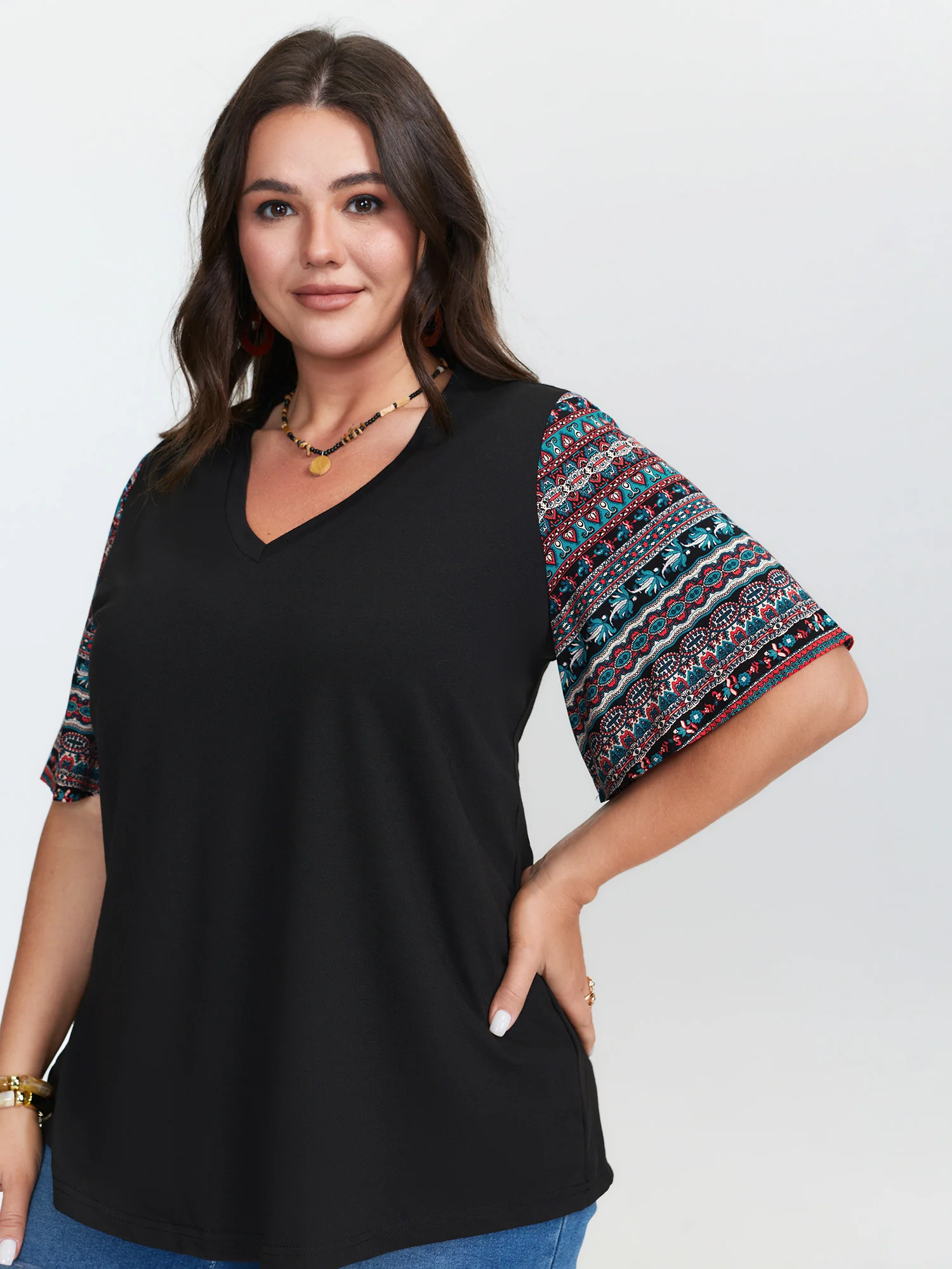 Colorful Boho Sleeve V-Neck Blouse - Image 3