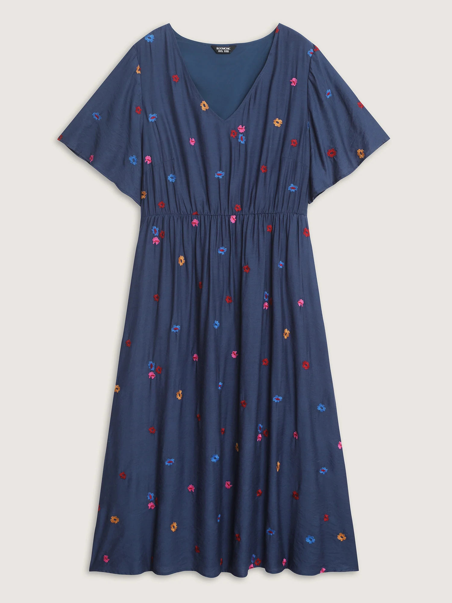 Colorful Floral Embroidery V-Neck Midi Dress - Image 8