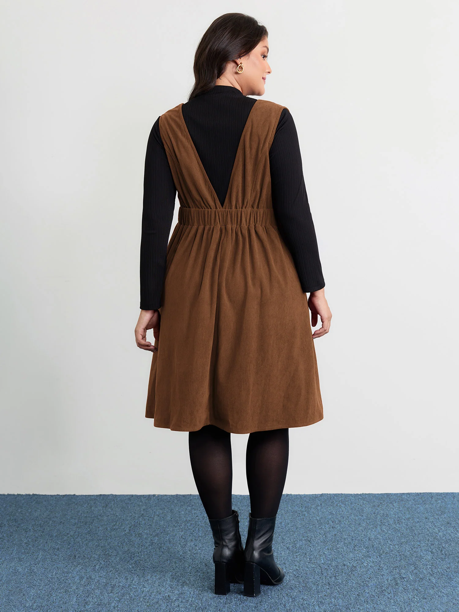 Corduroy Stretchy Waist V-Neck Mini Dress - Image 10