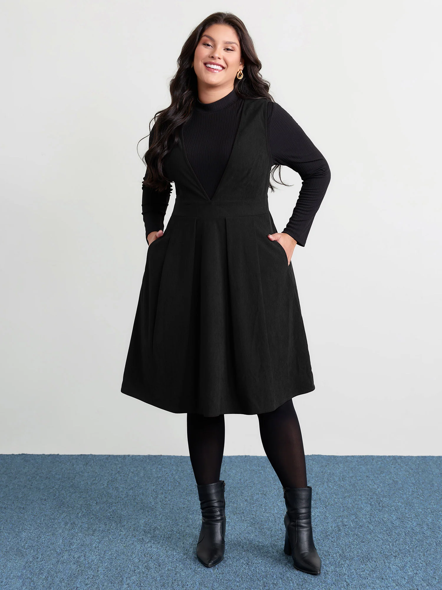 Corduroy Stretchy Waist V-Neck Mini Dress - Image 11