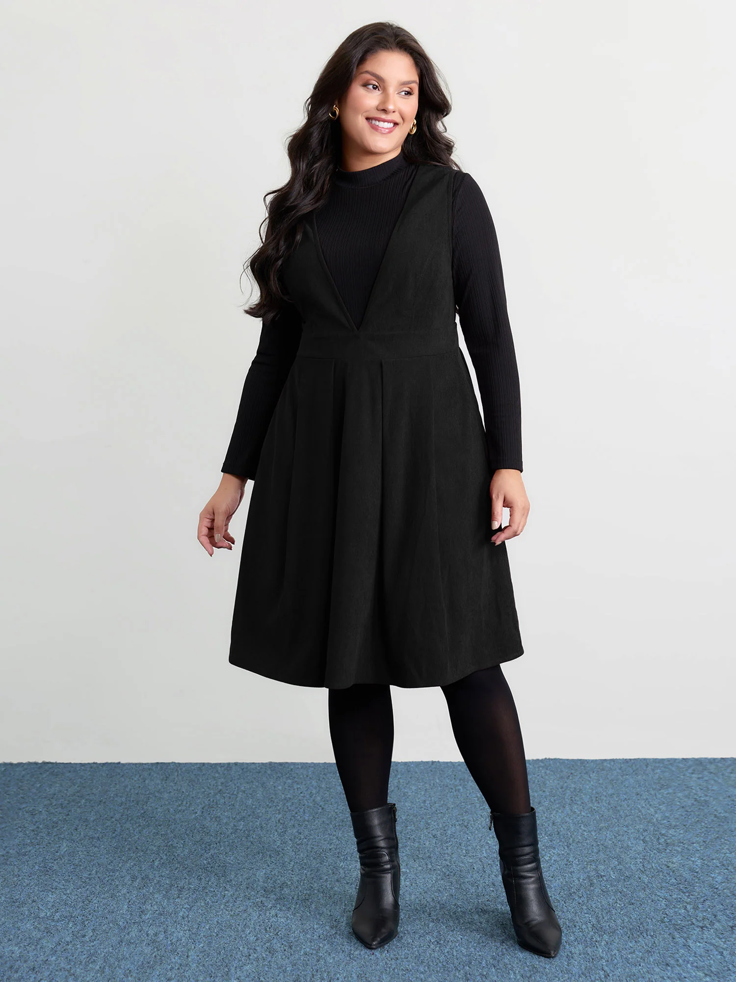 Corduroy Stretchy Waist V-Neck Mini Dress - Image 13
