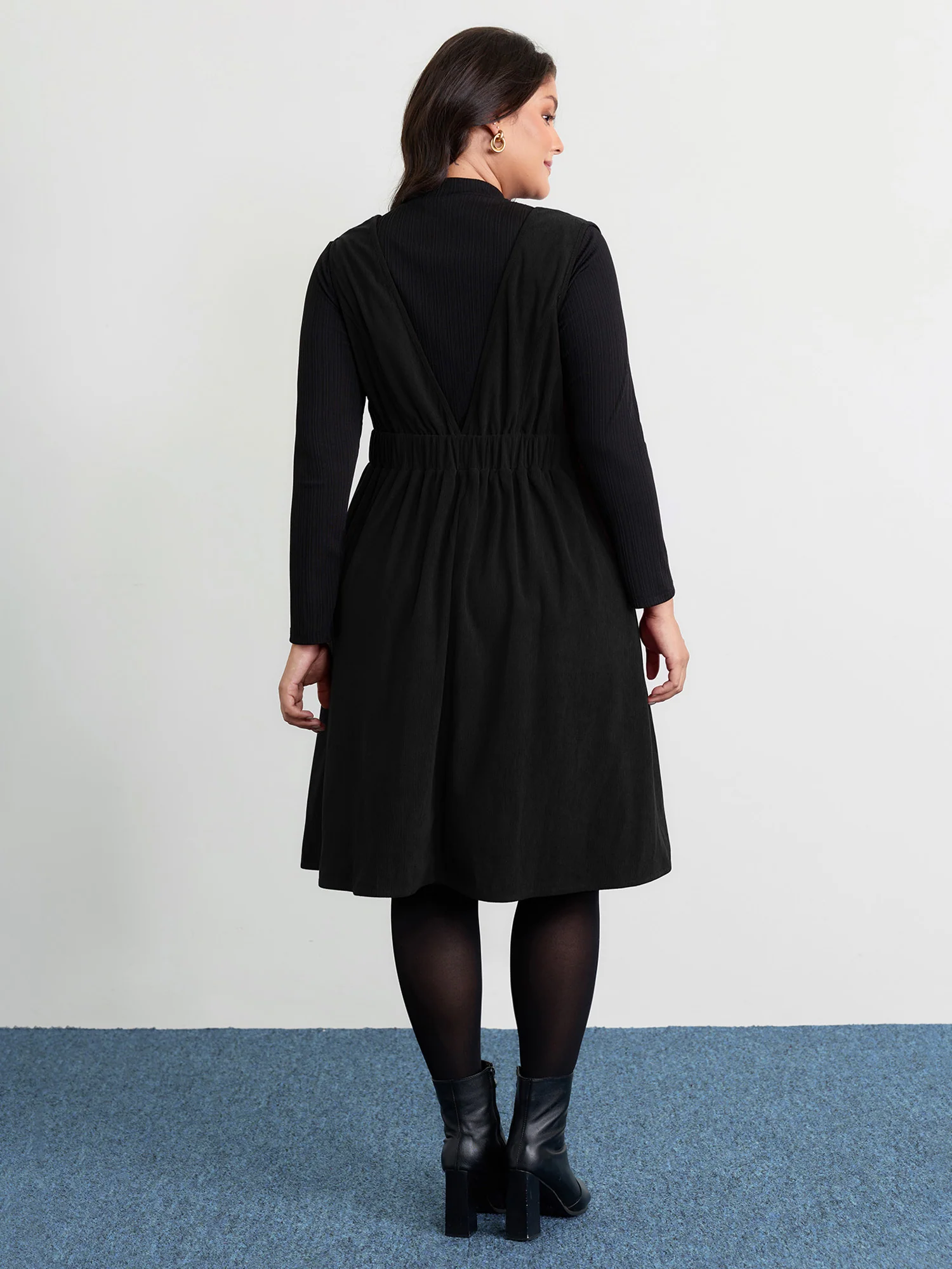 Corduroy Stretchy Waist V-Neck Mini Dress - Image 15