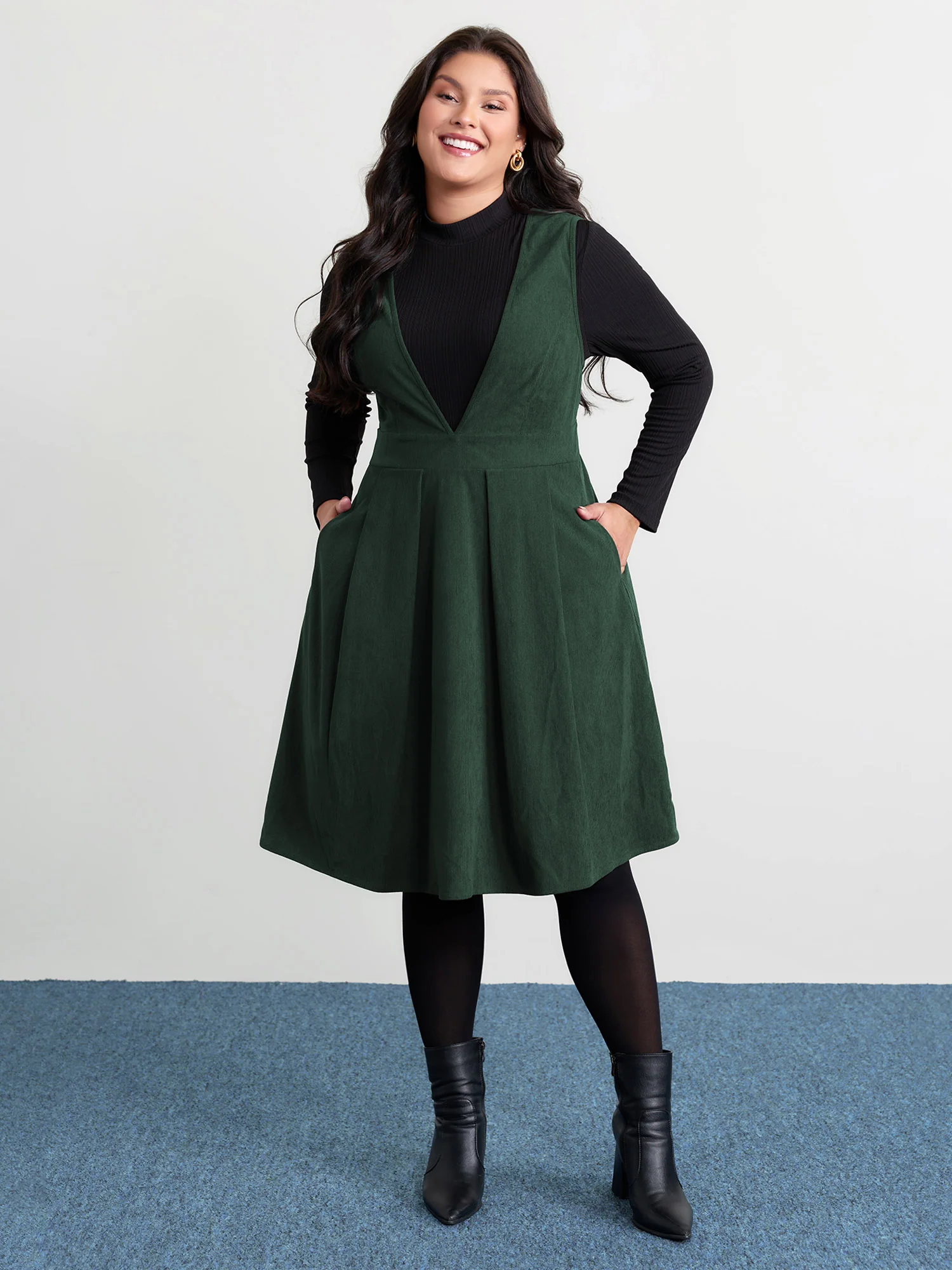 Corduroy Stretchy Waist V-Neck Mini Dress - Image 16