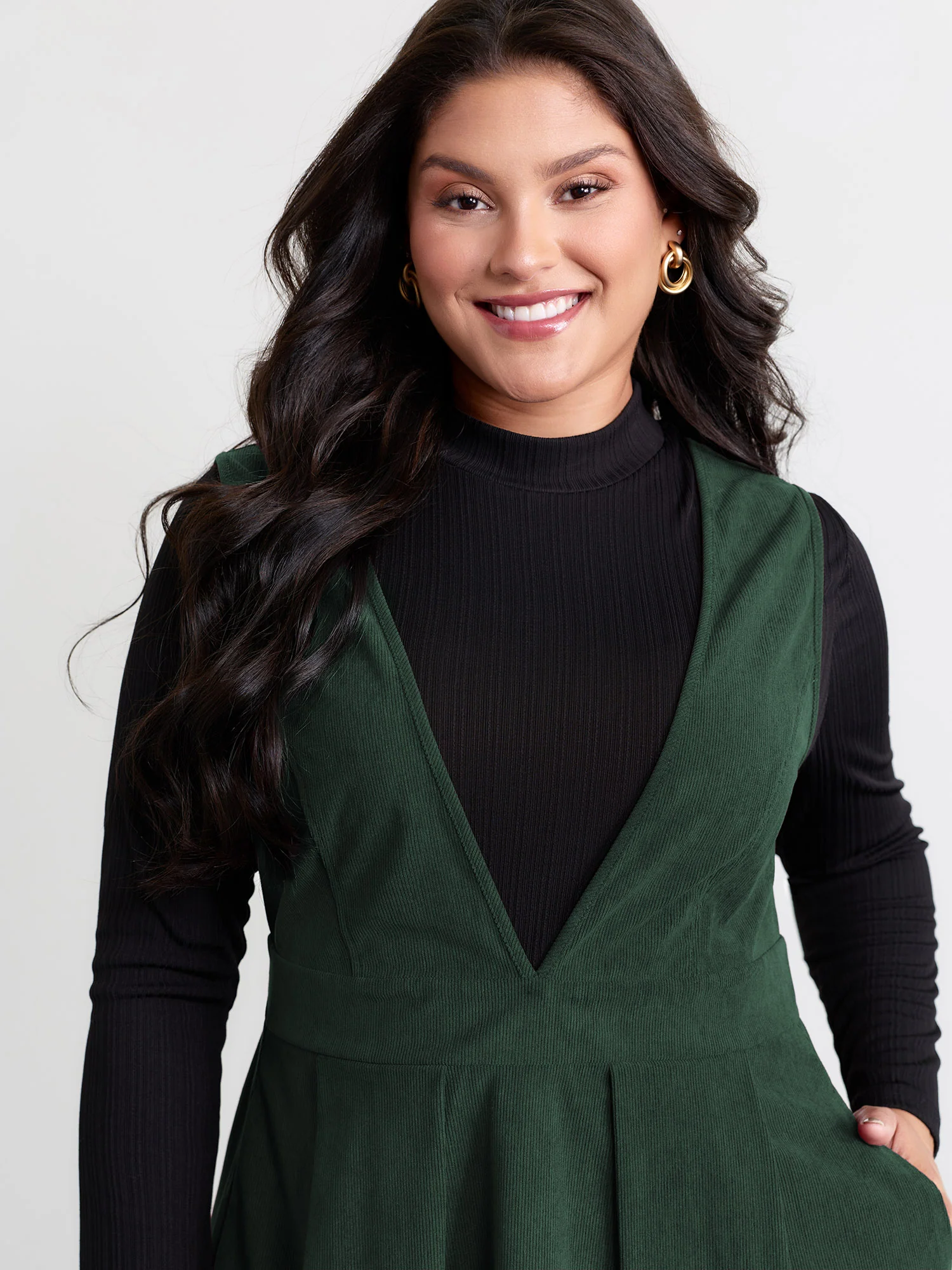 Corduroy Stretchy Waist V-Neck Mini Dress - Image 17