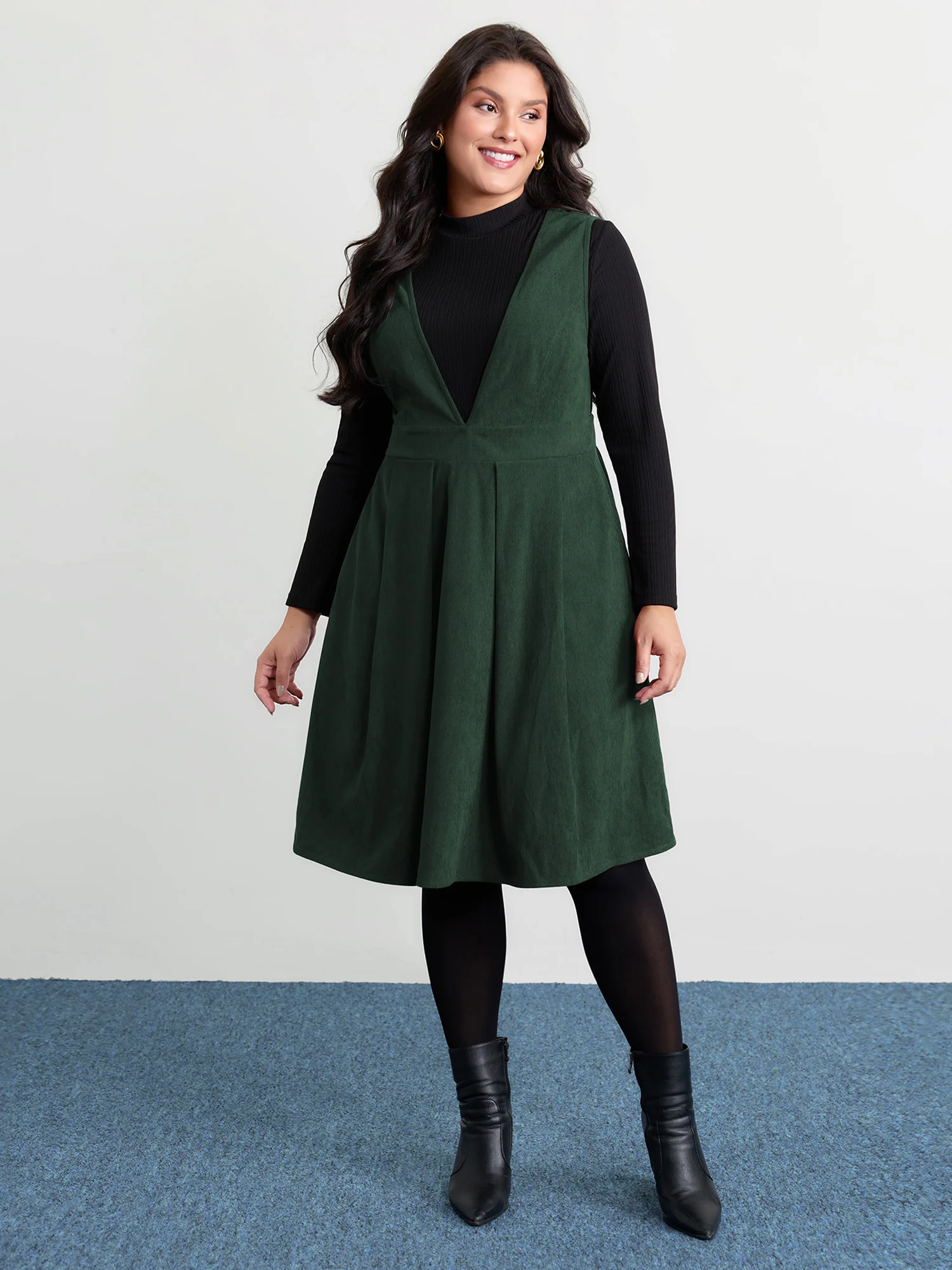 Corduroy Stretchy Waist V-Neck Mini Dress - Image 18