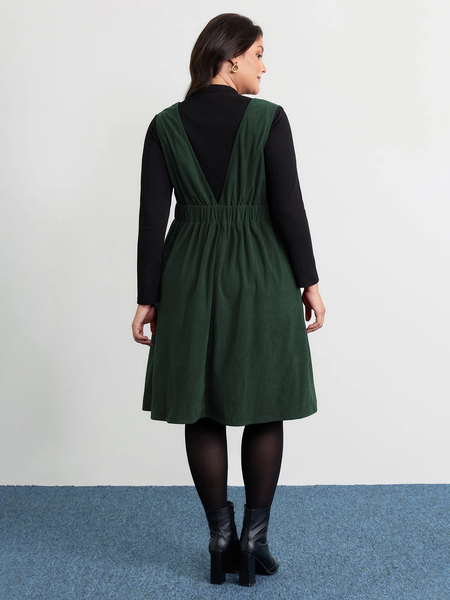 Corduroy Stretchy Waist V-Neck Mini Dress - Image 20