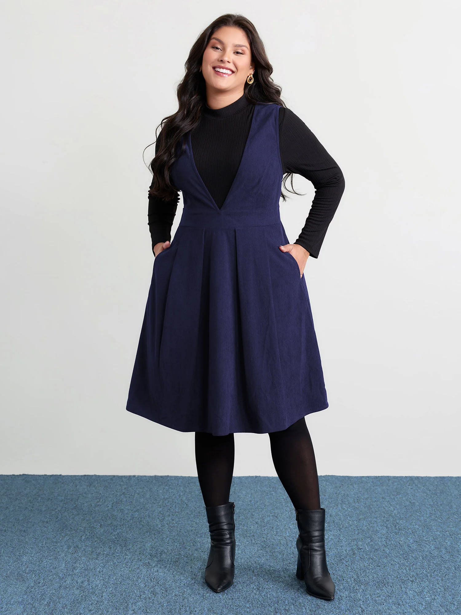Corduroy Stretchy Waist V-Neck Mini Dress - Image 21