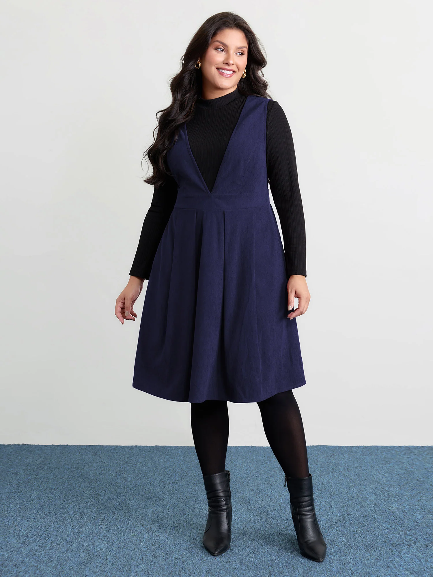 Corduroy Stretchy Waist V-Neck Mini Dress - Image 23