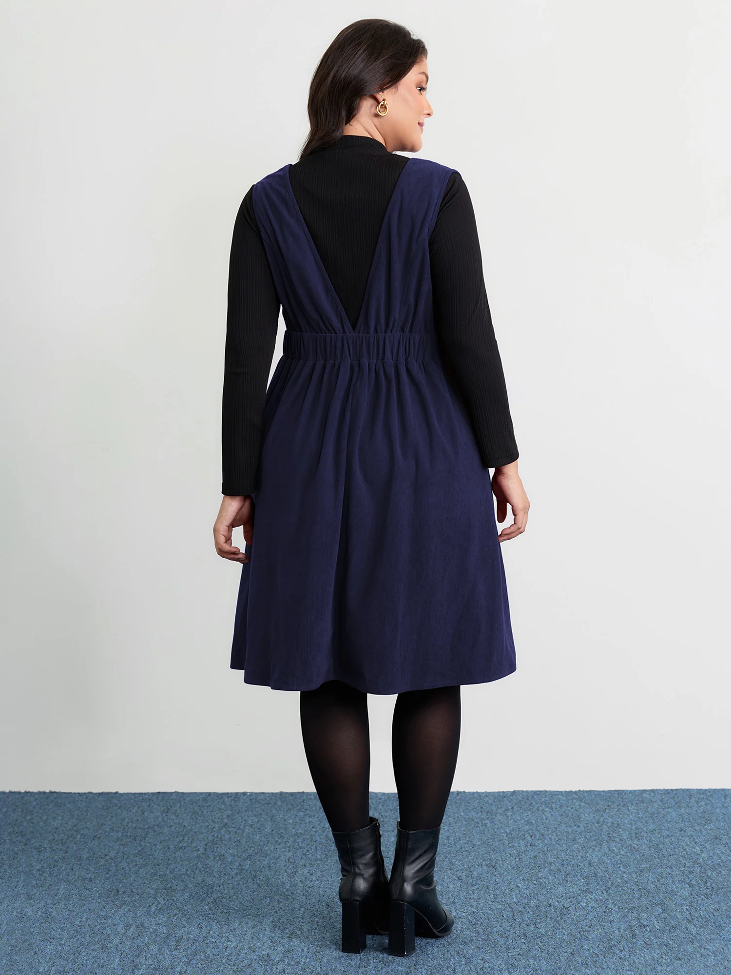 Corduroy Stretchy Waist V-Neck Mini Dress - Image 25