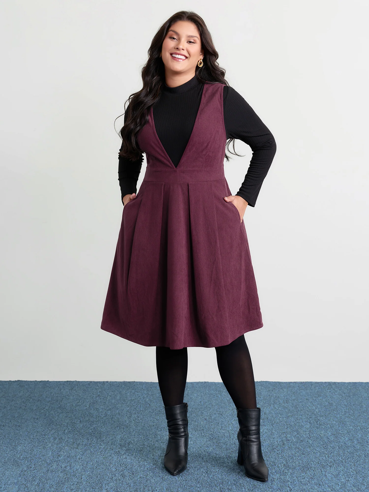Corduroy Stretchy Waist V-Neck Mini Dress - Image 26