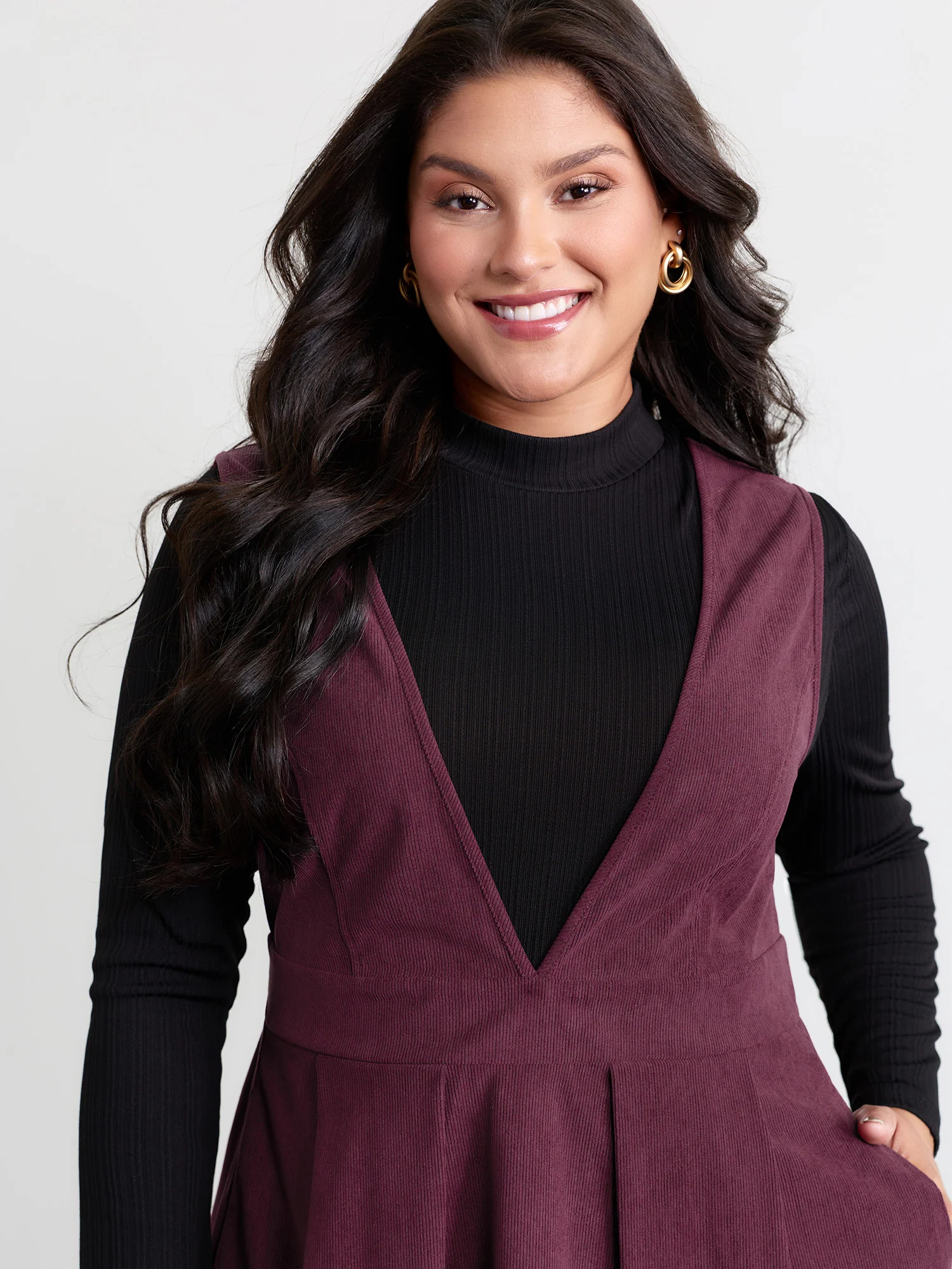Corduroy Stretchy Waist V-Neck Mini Dress - Image 27