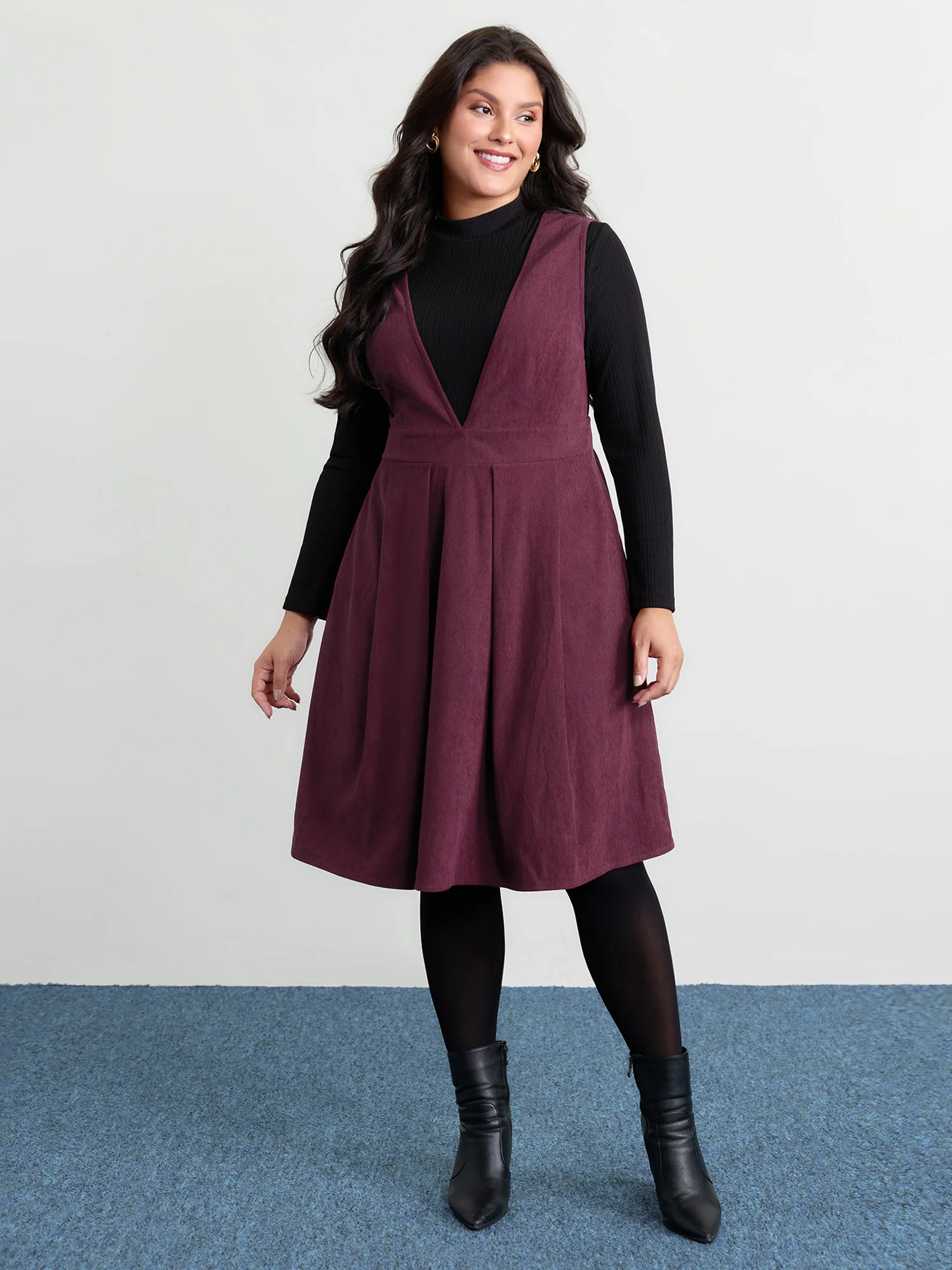 Corduroy Stretchy Waist V-Neck Mini Dress - Image 28