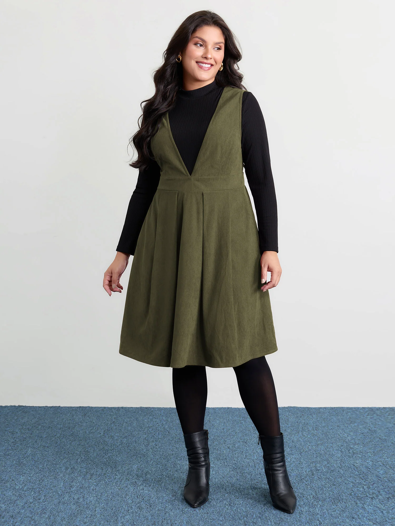 Corduroy Stretchy Waist V-Neck Mini Dress - Image 3