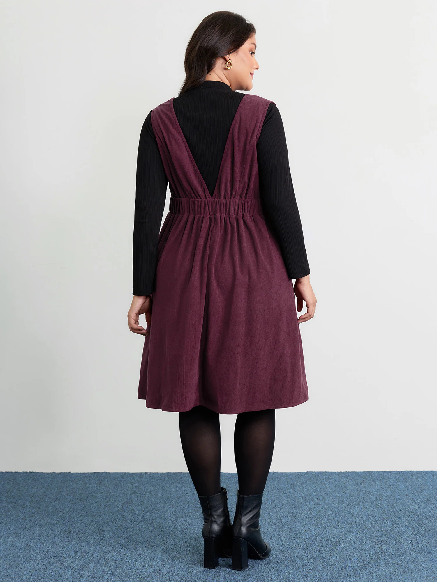 Corduroy Stretchy Waist V-Neck Mini Dress - Image 30