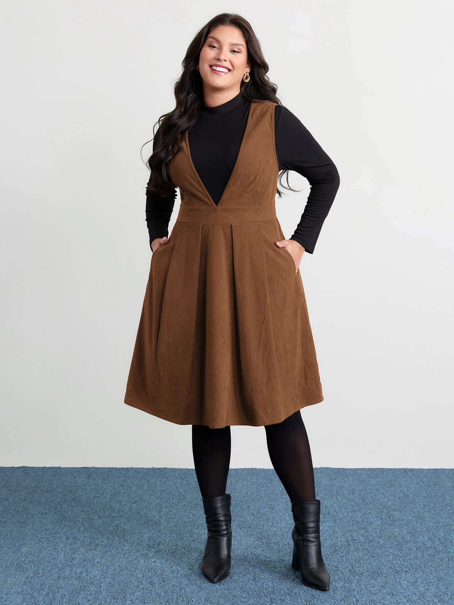 Corduroy Stretchy Waist V-Neck Mini Dress - Image 6