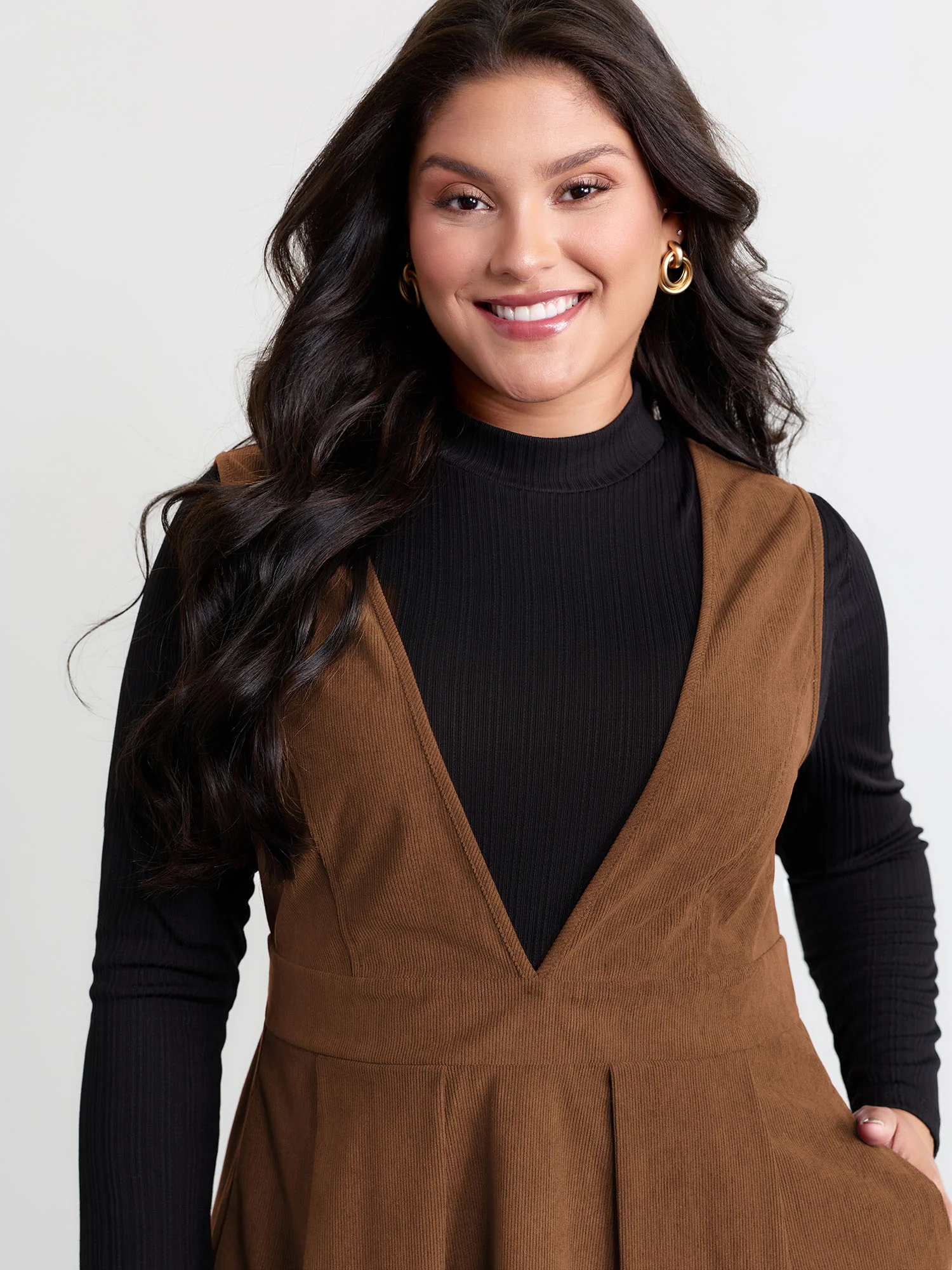 Corduroy Stretchy Waist V-Neck Mini Dress - Image 7