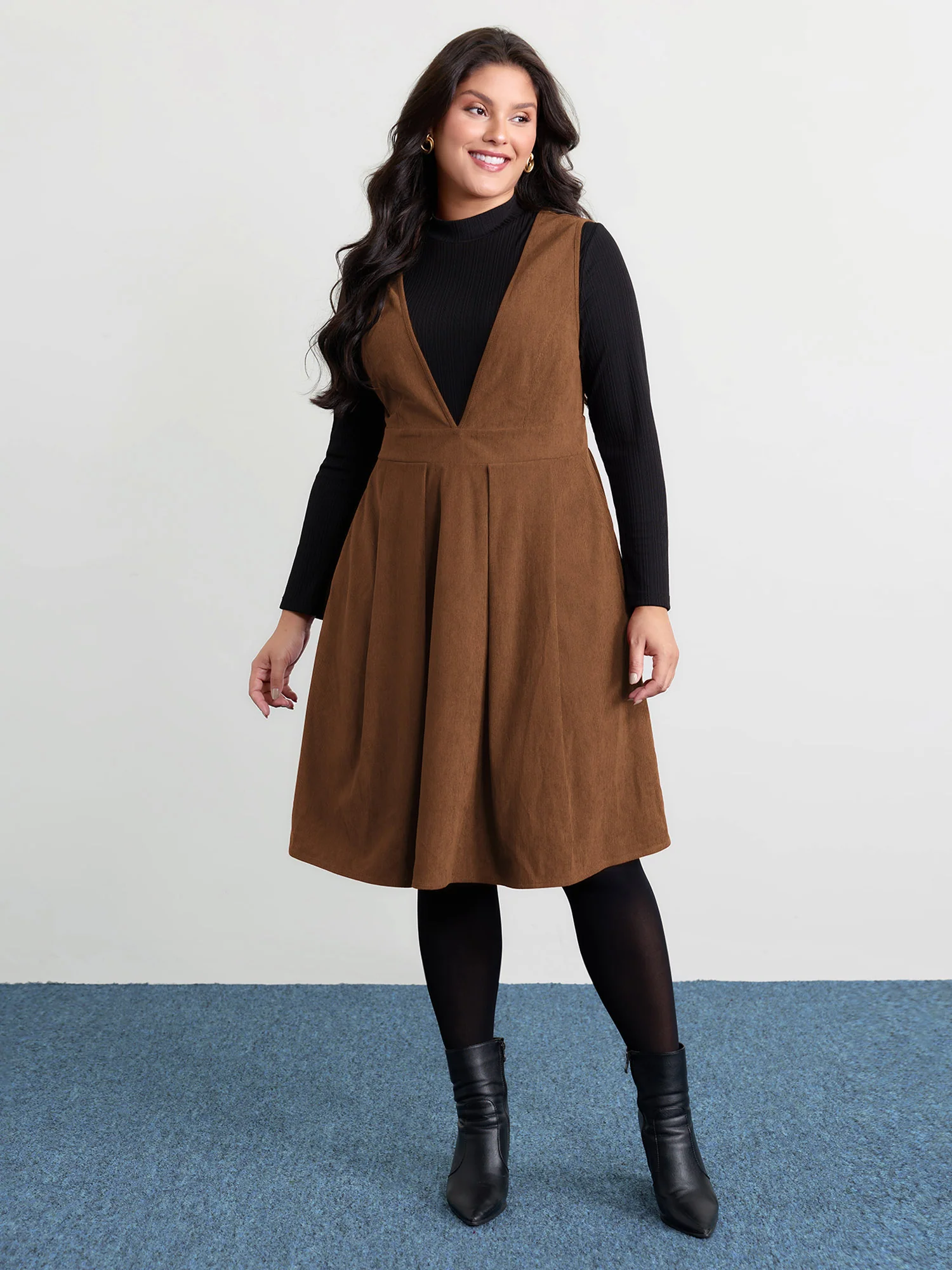 Corduroy Stretchy Waist V-Neck Mini Dress - Image 8