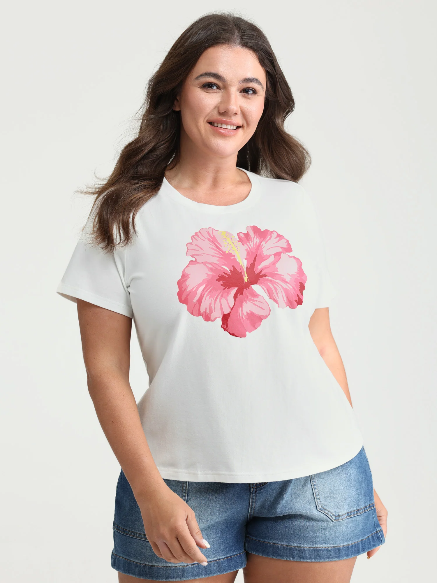 Cotton Bright Floral Print Crew Neckline T-Shirt