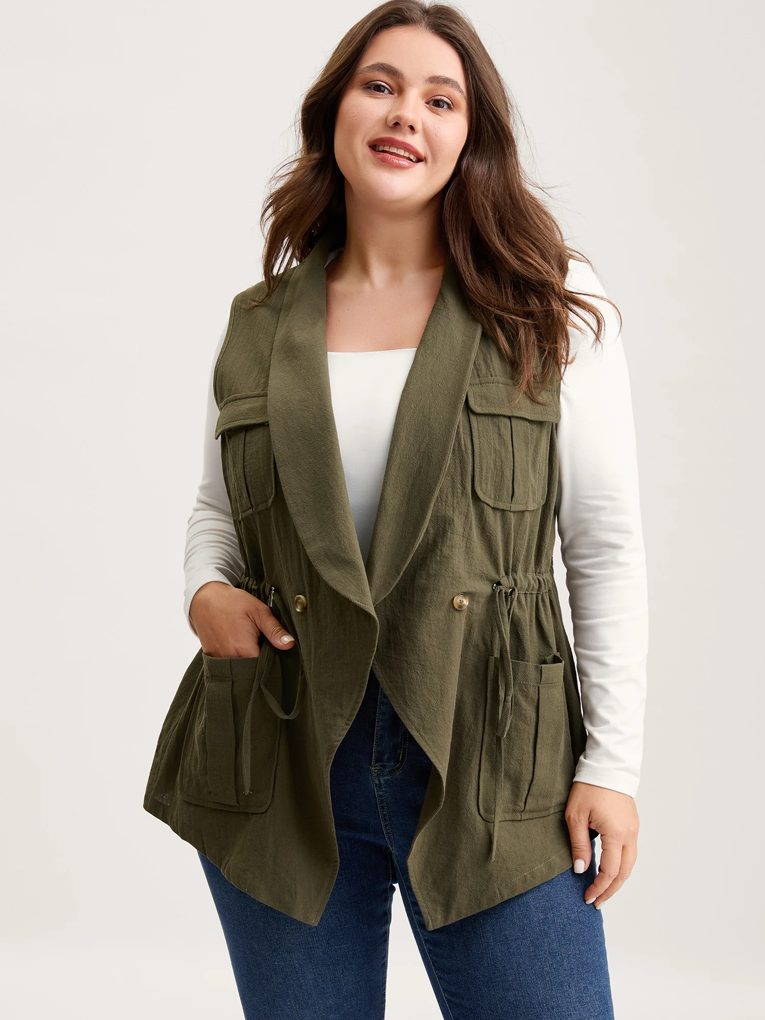 Cotton Waist Defining Drawstring Pocket Vest - Image 2
