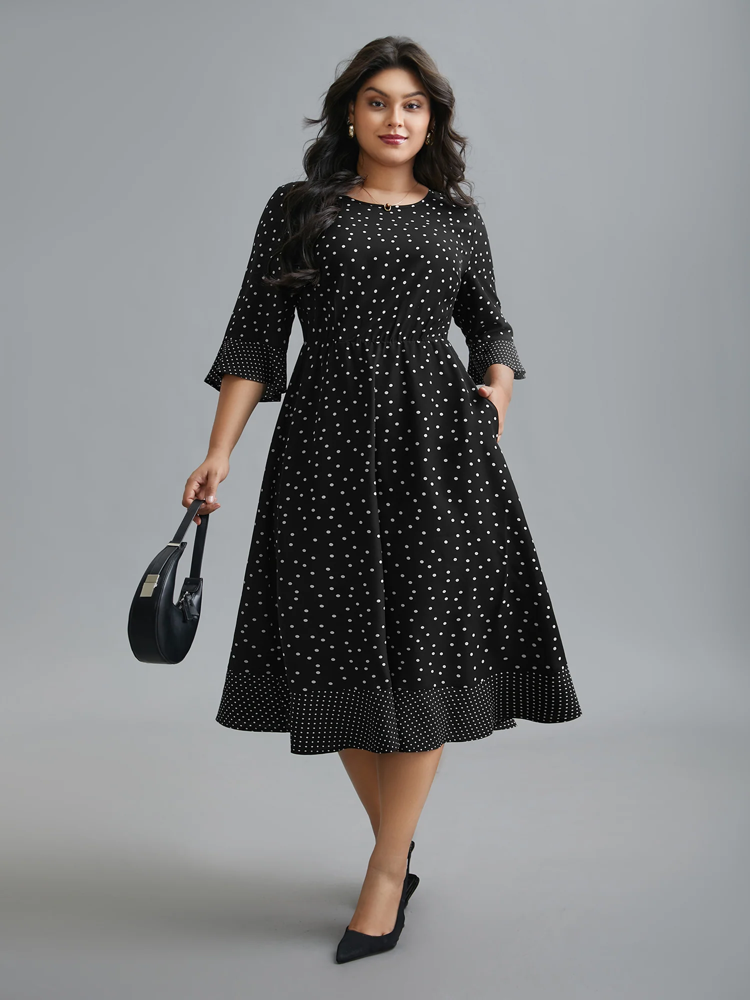 Crew Neck Polka Dot Waist Cinched Dress - Image 4