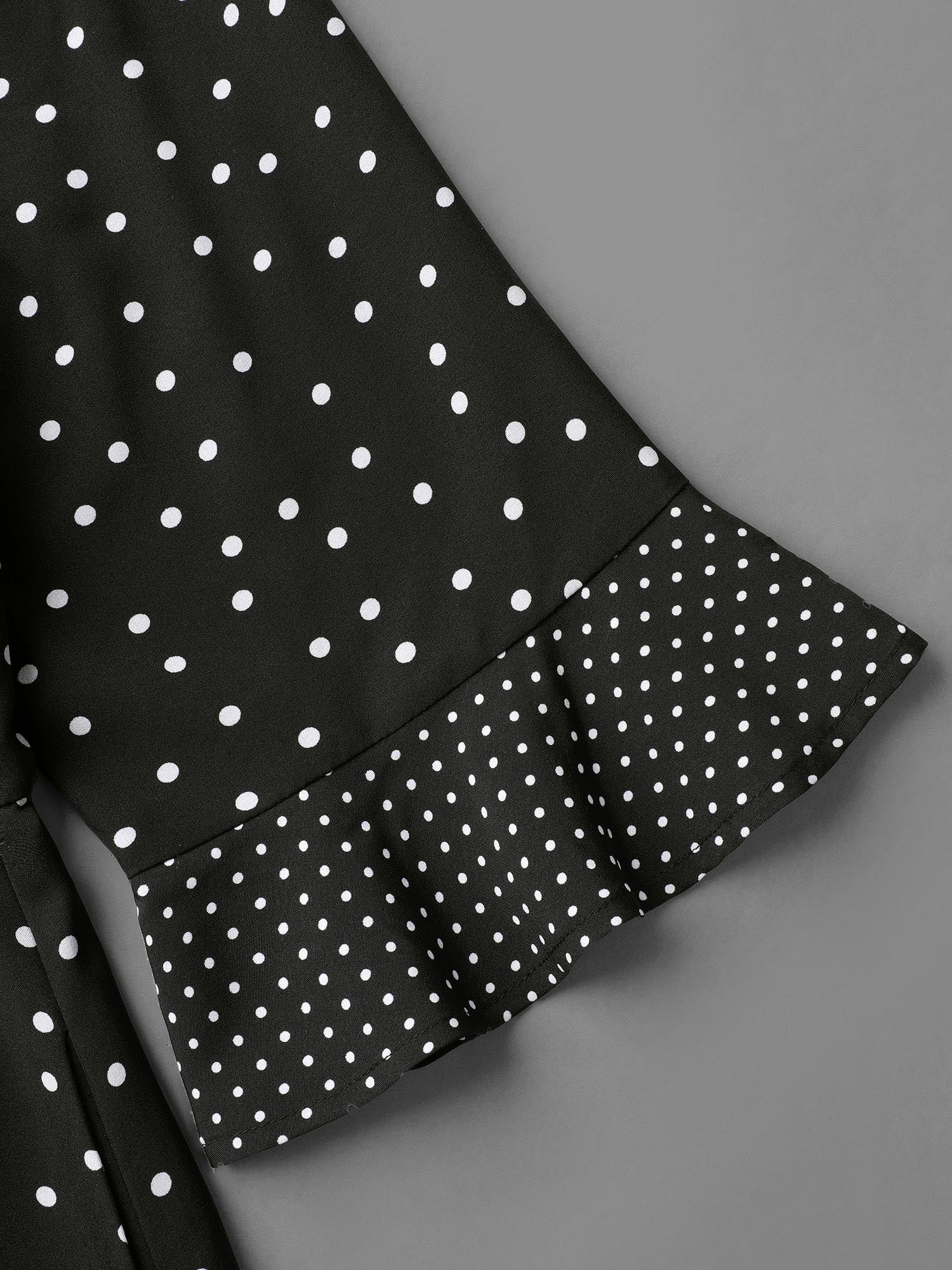 Crew Neck Polka Dot Waist Cinched Dress - Image 6